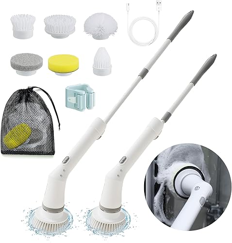 Depurador eléctrico giratorio para limpieza, cepillo de limpieza de ducha con mango largo y 6 cabezales de cepillo reemplazables, 360 fregadores