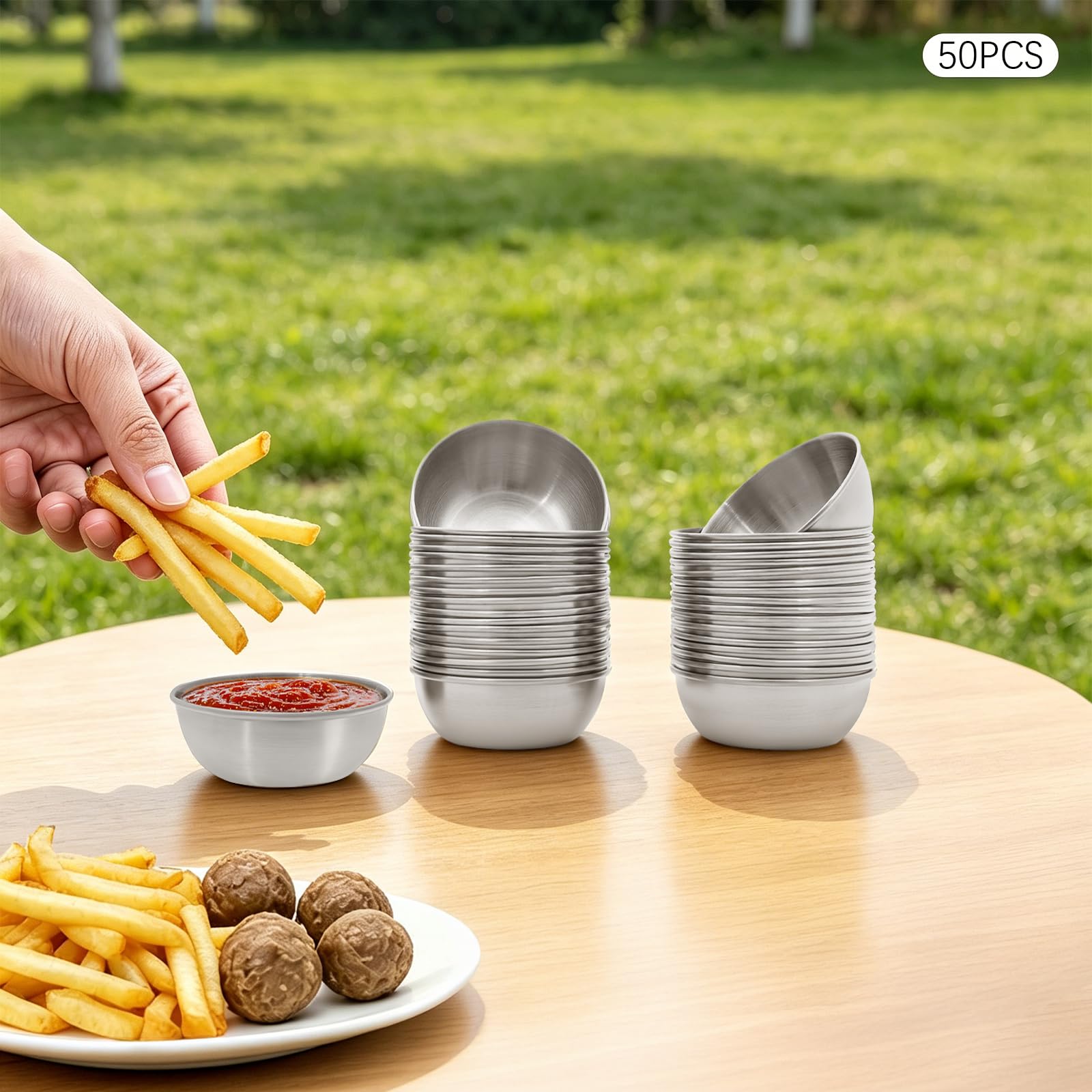 Set di 50 ciotole per salse in acciaio inox 304, ciotole per salse e spezie | 8,3 cm di diametro, impilabili, antiruggine, per salse, spezie, salse, barbecue, ristoranti, campeggio, famiglia