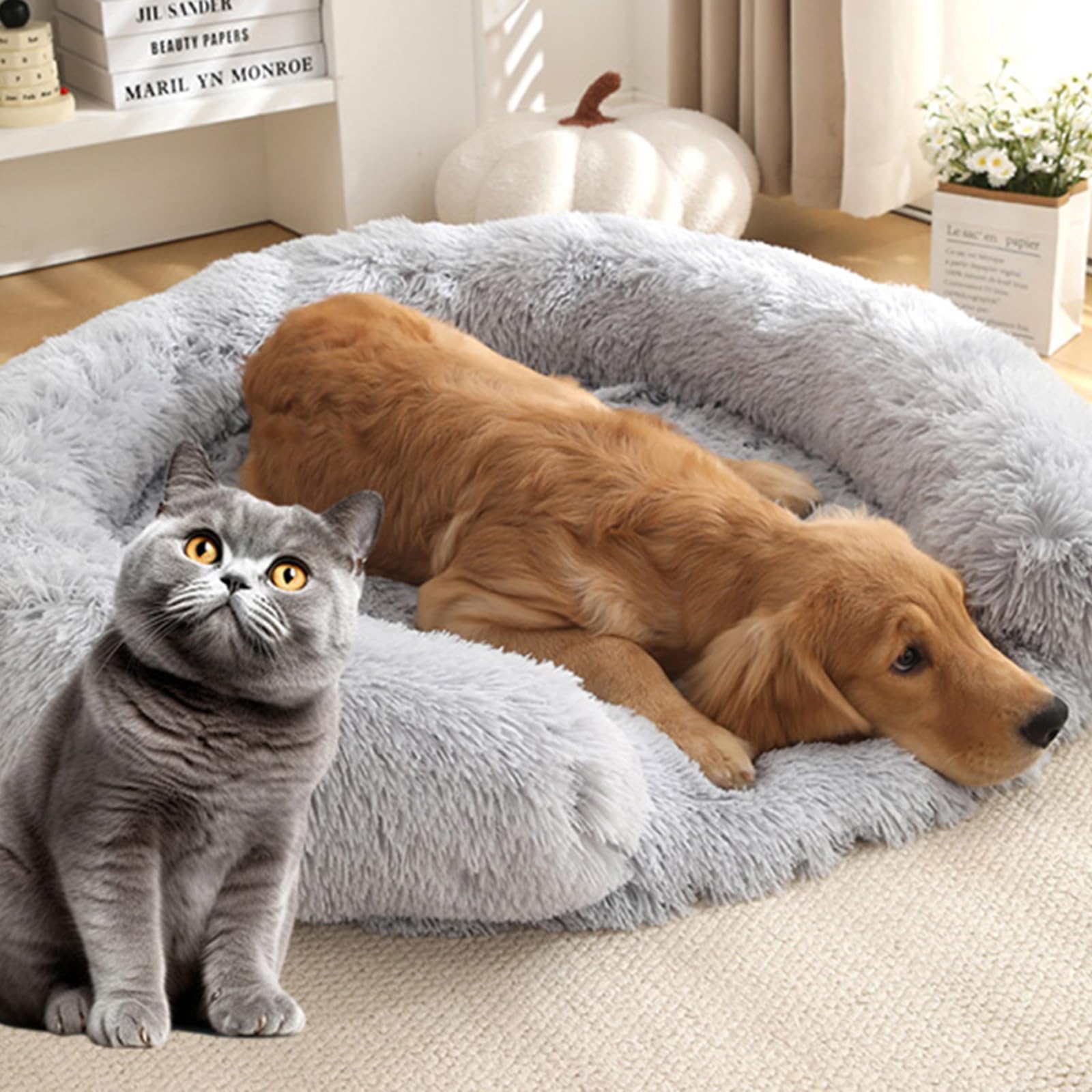 Cama esponjosa para perros grandes, tapete en forma de C con forro impermeable, funda extraíble, lavable y antideslizante (aguamarina, XL)