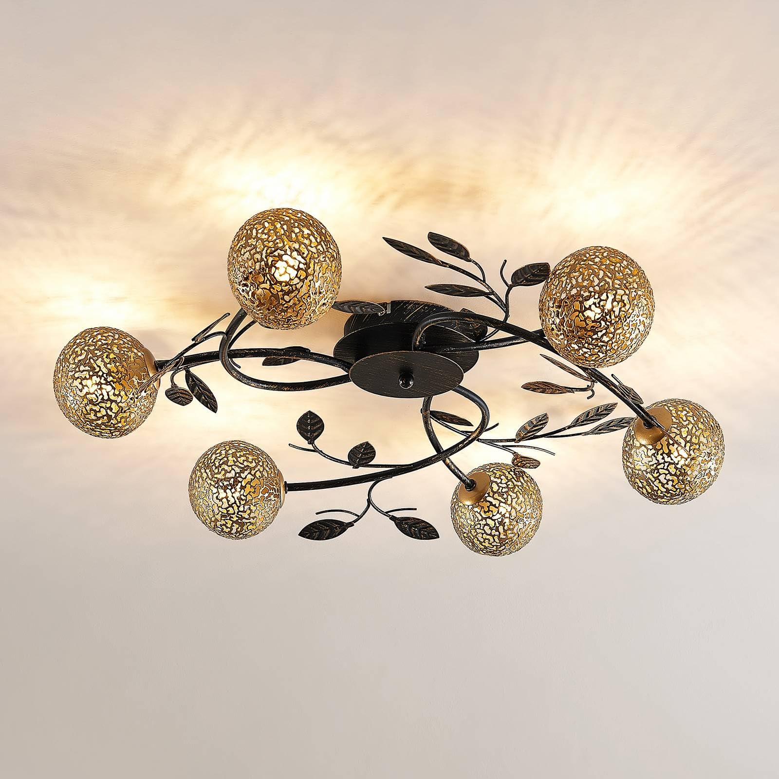 Lucande lámpara de techo en negro, oro, plafón | lámpara de salón, g9, 6 bombillas, florentino para sala de estar, salón, dormitorio, pasillo, comedor