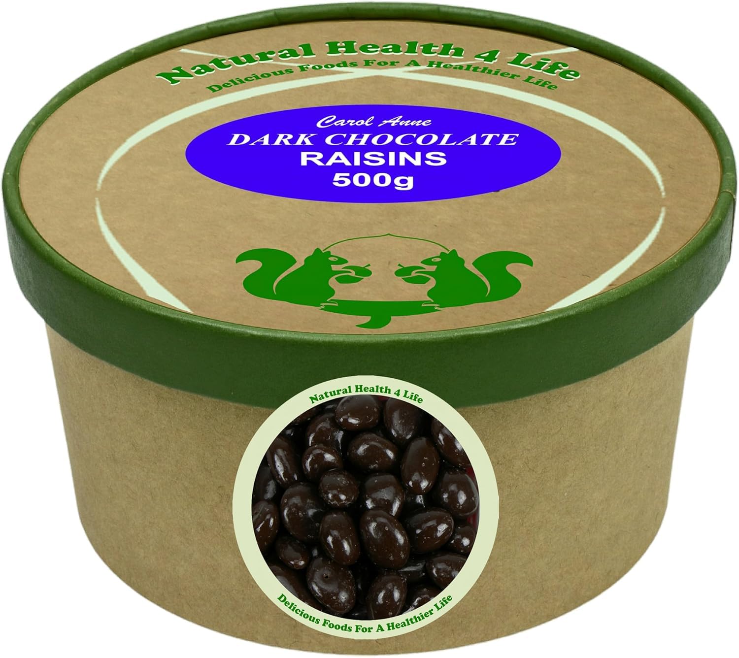 Natural Health 4 Life Carol Anne Confectionery Dark Chocolate Raisins 500g, Chocolate Covered Raisins in Recyclable Kraft Tub, 3.5g Protein per 100g, sweat Snack for Refilling, Made in UK (1 Tub)