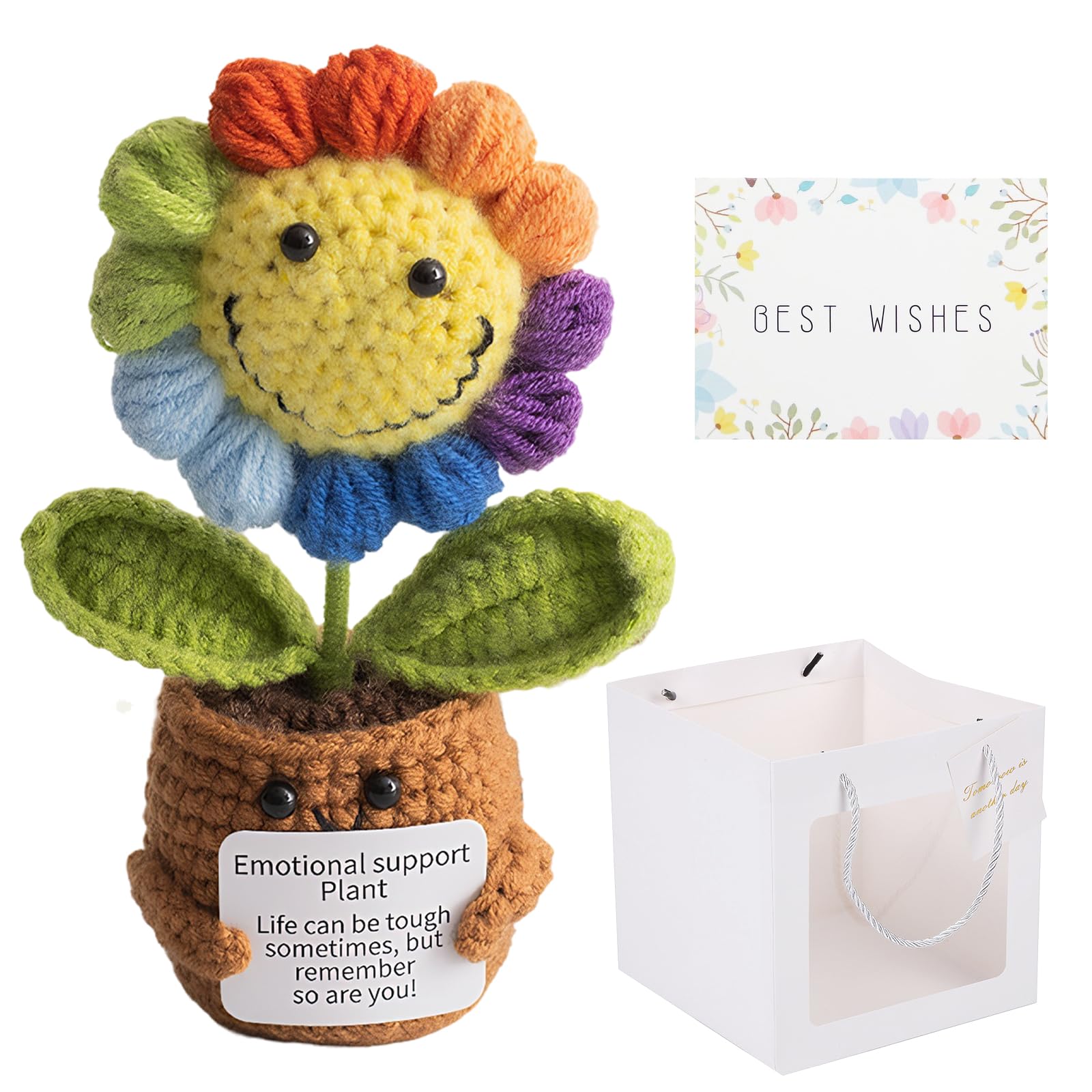 Hocklliy Multicolor Emotional Support Crochet Plant,Handmade Emotional Support Plant With Encourage Card & Gift Bag,Crochet Sunflower With A Big Smile For Friends Couples Desk Decor