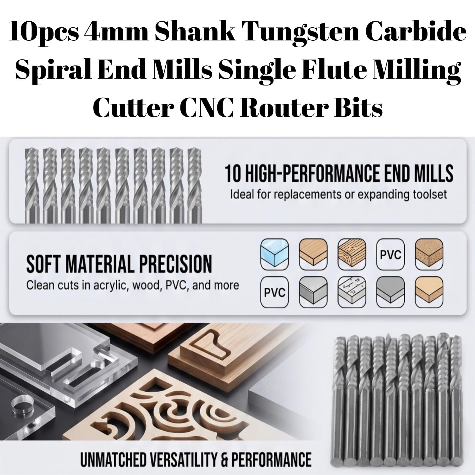 10 stücke Hartmetall Spiralfräser Set Einzel Flöte Fräser Bits CNC Fräser CNC Rotary Grate Set 4mm Schaft