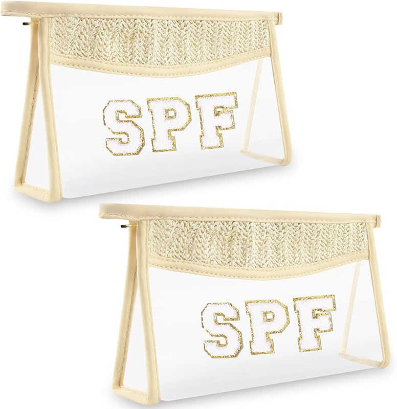 Necessaire transparente de PVC izuzta com letras de chenille, zíper e alça, 26 x 14,5 x 6 cm, Pacote com 2