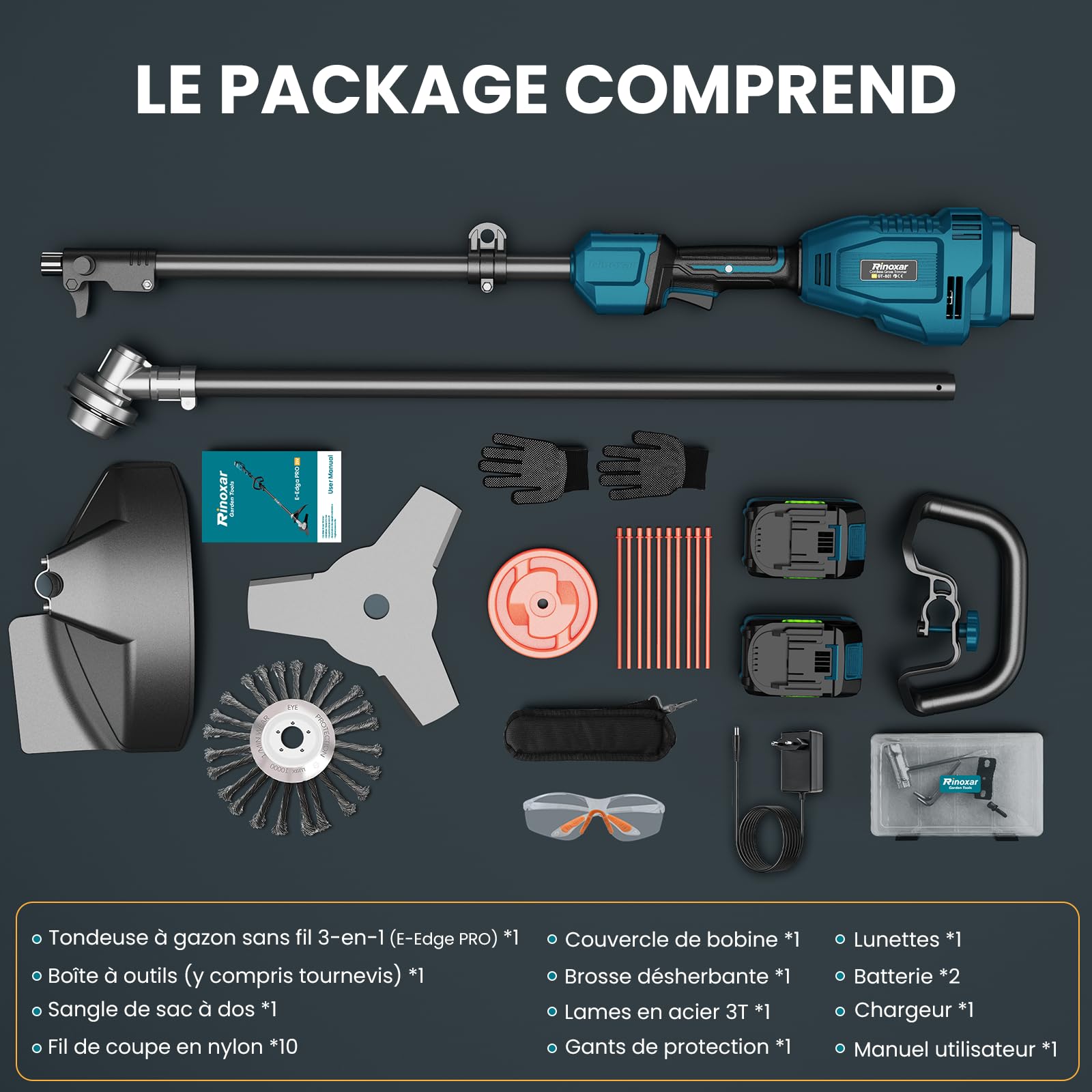 Debroussailleuse Electrique sans Fil, Coupe Bordure 26 cm avec Moteur Avant Brushless, 2 x 5200mAh, 8000/12000 TR/Min, 3 Lames, Manche Réglable et Poignée en D, pour Pelouse, Bordures, Jardin