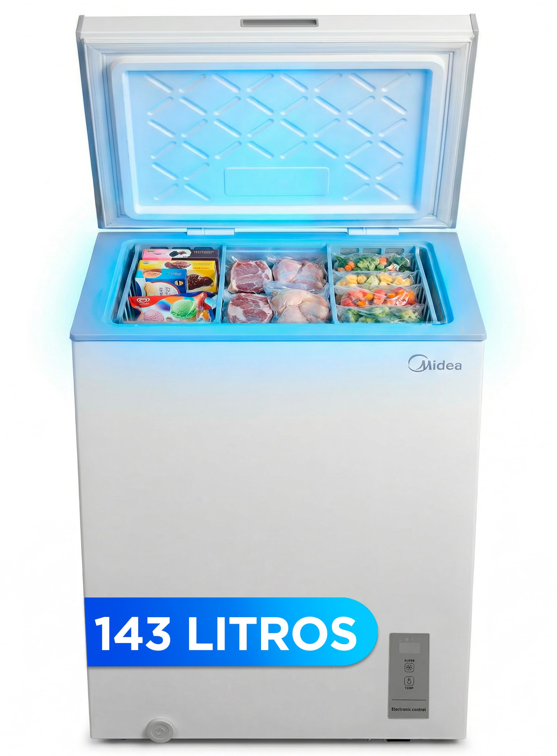 MIDEA Arcon mała zamrażarka 143L | zamrażarka pozioma z silnikiem inwerterowym, elektroniczna regulacja temperatury, kosze z uchwytem | Cicha skrzynia 37 dB Niskie zużycie energii