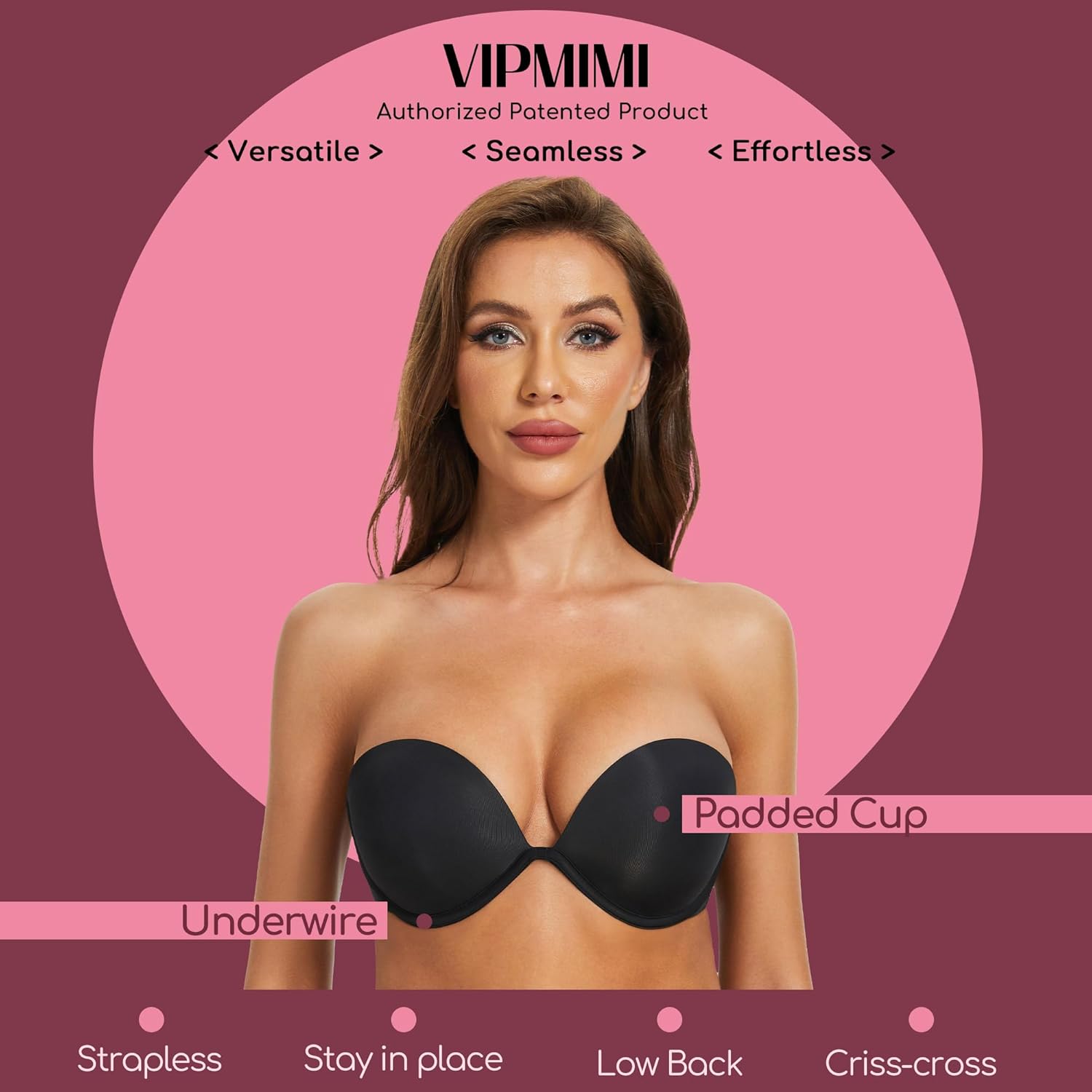 Women's Strapless Bra Push Up-Non Slip Invisible Underwire Low Back Multiway Support Padded Plunge Bra for Comfort Lift