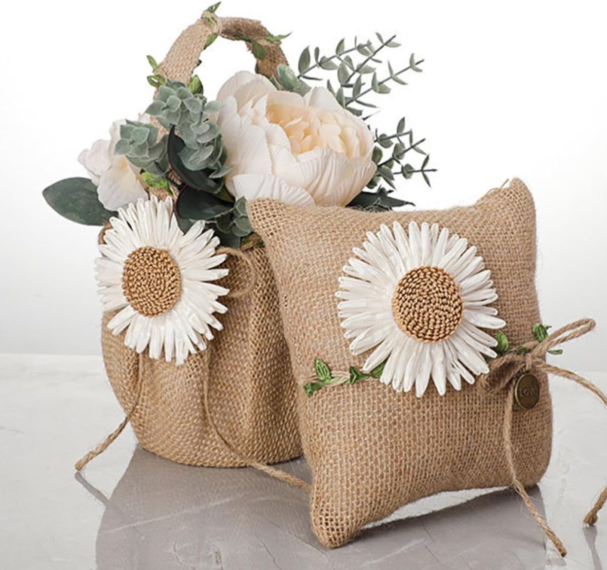 SHINEOFI Rustic Ring Pillow Burlap Daisy Cushion for Wedding Photoshoot