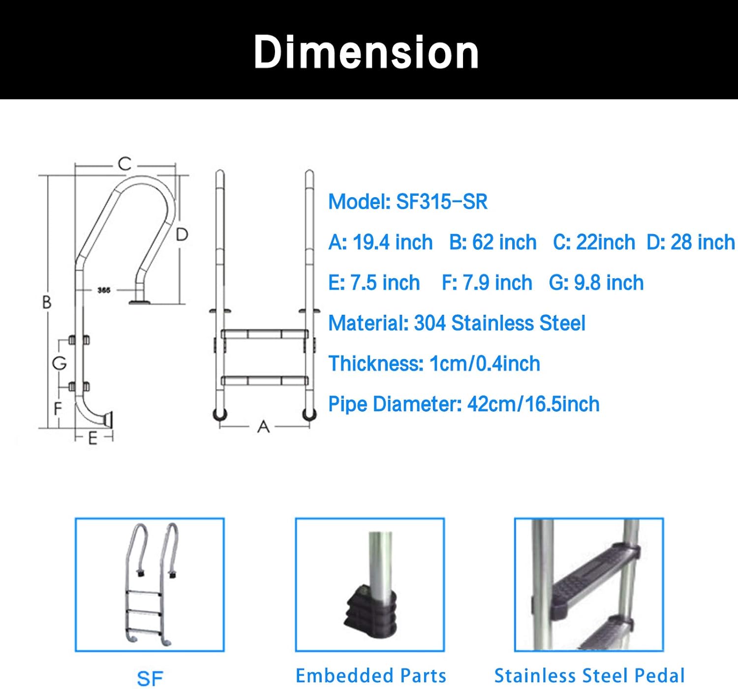 YUEWO Non-Slip 3-Step Stainless Steel In Ground Swimming Pool Ladder with Easy Mount Legs for Above Ground Pools