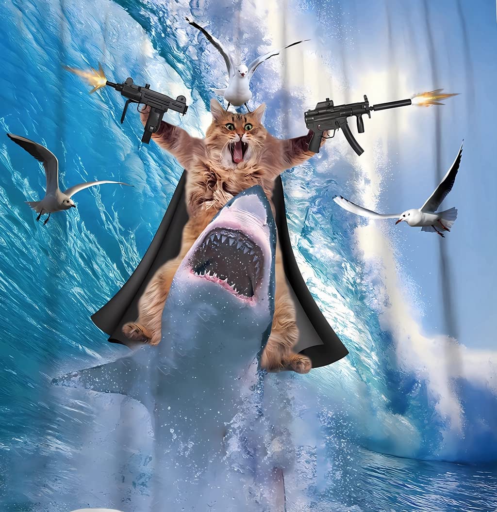 Dzmaimo Color-12 Funny Cat Shower Curtains For Bathroom Cat Riding Shark Ocean Shower Curtain Cool Fun Animal Nautical Kids Bathroom 60X72 Inch