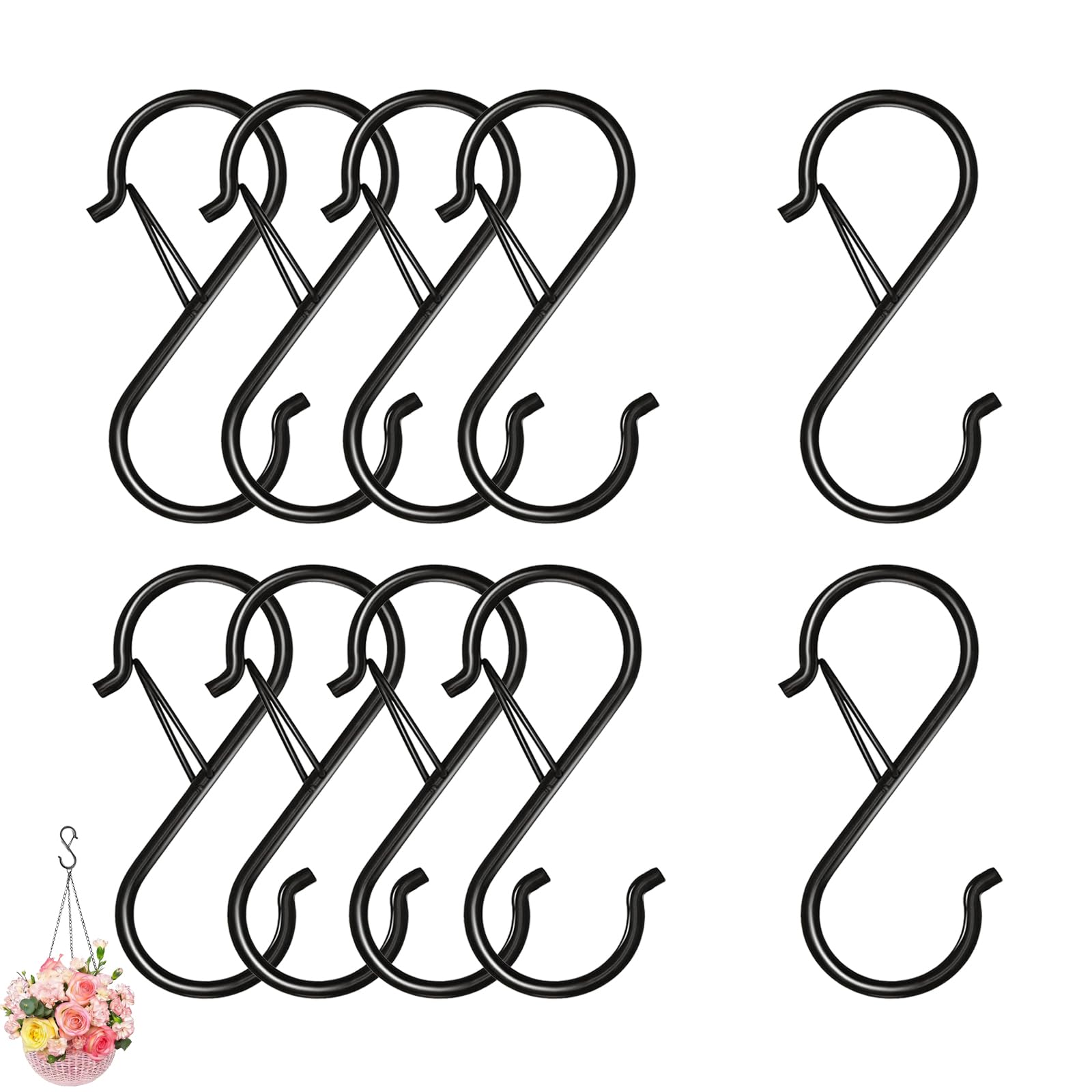 LeeQunQ 10 PCS S Hooks for Hanging, Metal Hooks for Hanging, with Safety Buckle, for Plants, Kitchen Utensils, Jeans, Bags, Potst(Black)