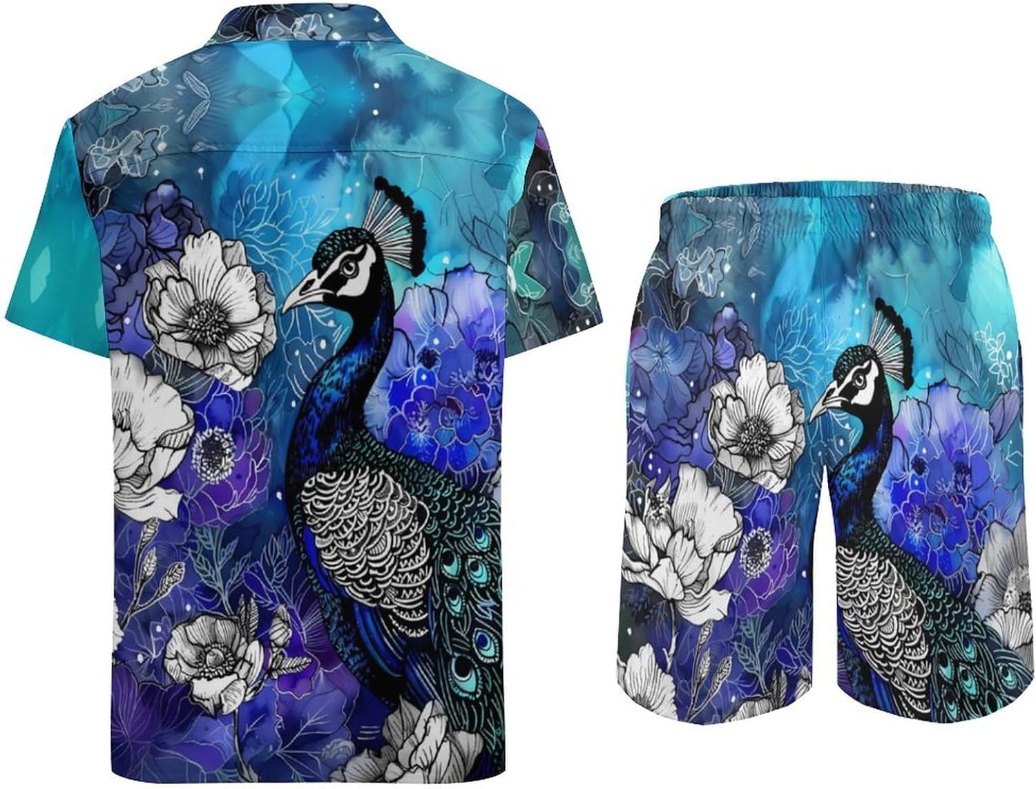 Peacock And Flowers Men's Summer Beach Outfits Shirt And Shorts Set 2 Piece Vacation Swimwear