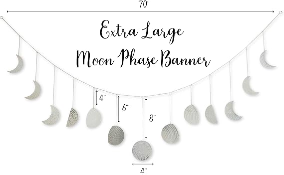 Moon Phase Wall Hanging - Modern Celestial Moon Cycle Banner - Moon Decor - Phases of the Moon - Boho Accents for Bohemian Room, Headboard Decor, Apartment, Dorm, Office (Silver, 70)
