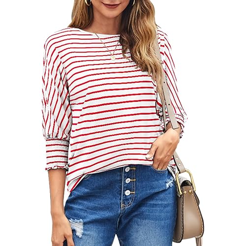 Bluetime Womens Crew Neck 3/4 Sleeve Tops Loose Fit Shirts Casual Solid Basic Tees Shirt Blouses