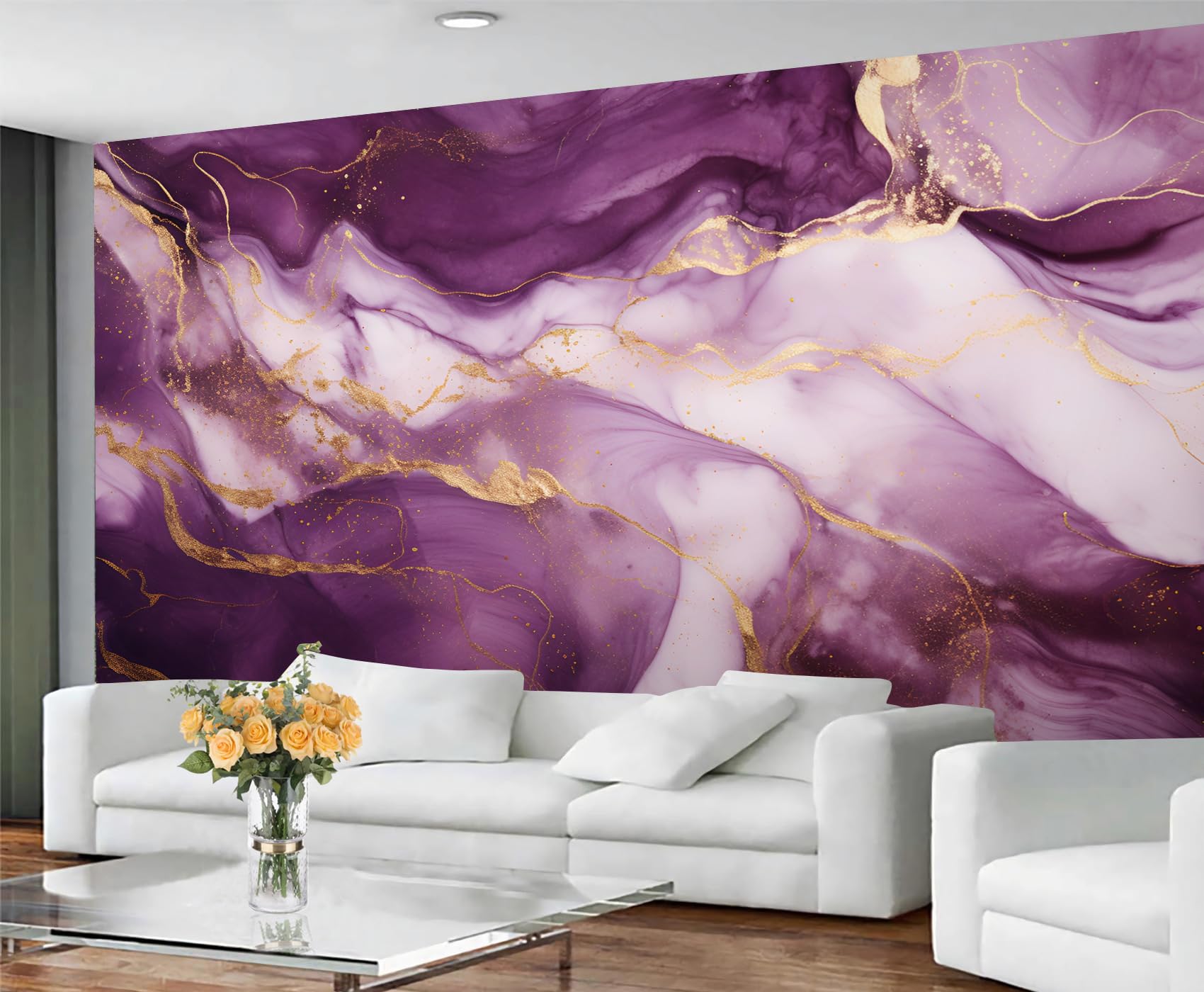 YXQAIED Marble Wallpaper, Purple Bedroom Wallpaper, Purple Marble Wall Paper for Living Room, Not Self Adhesive Abstract Gold Stripes Photo 3D Wall Murals & Room Decor, 260x175cm