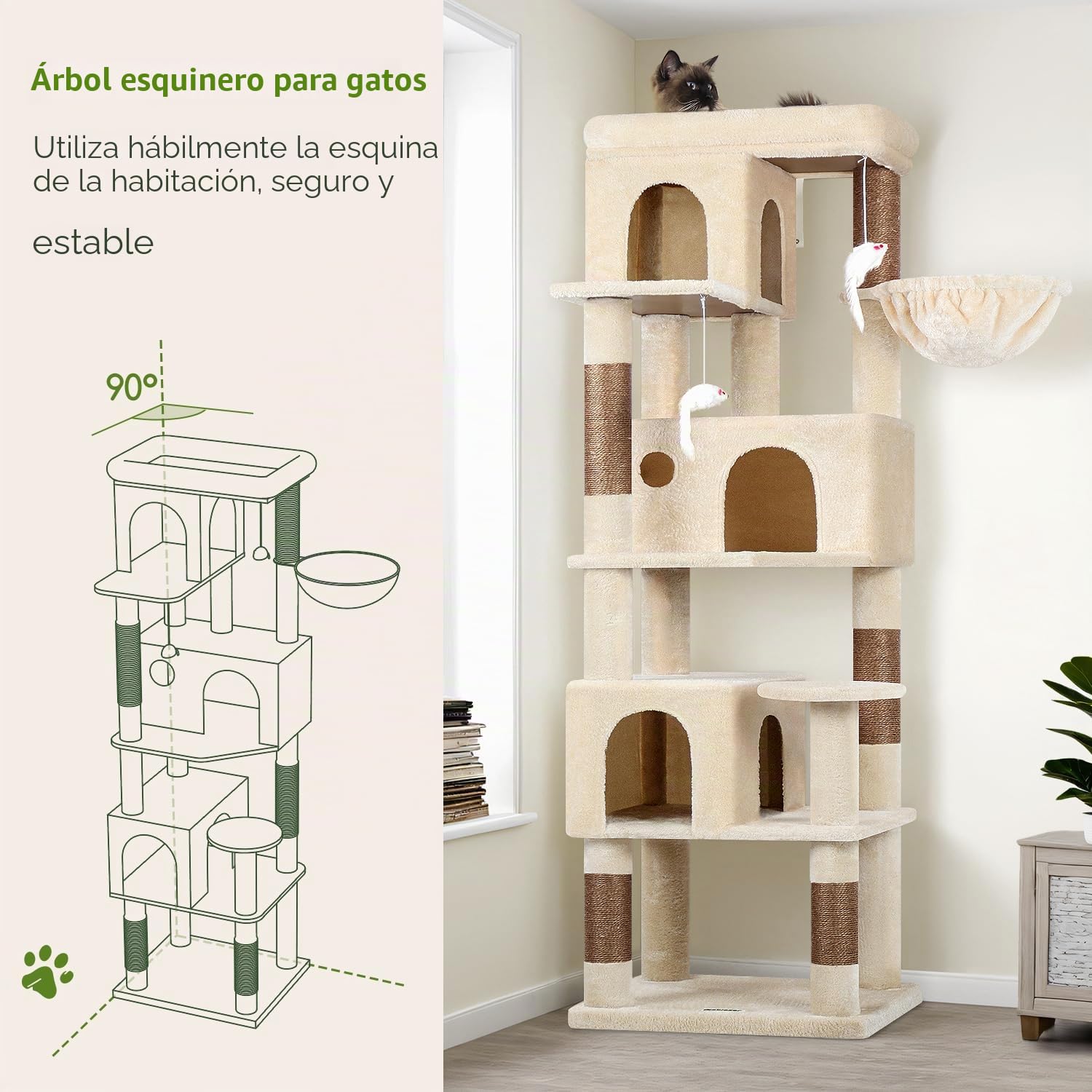 Globlazer Árbol Rascador Beige Esquinero Alto 168 cm con 3 Nidos, Grande Plataforma, Sisal Rascadores, Suave Cesta, Peluche Juguetes, Árbol Rascador Esquina Estable para 3-4 Gatos Adultos (F66, Beige)