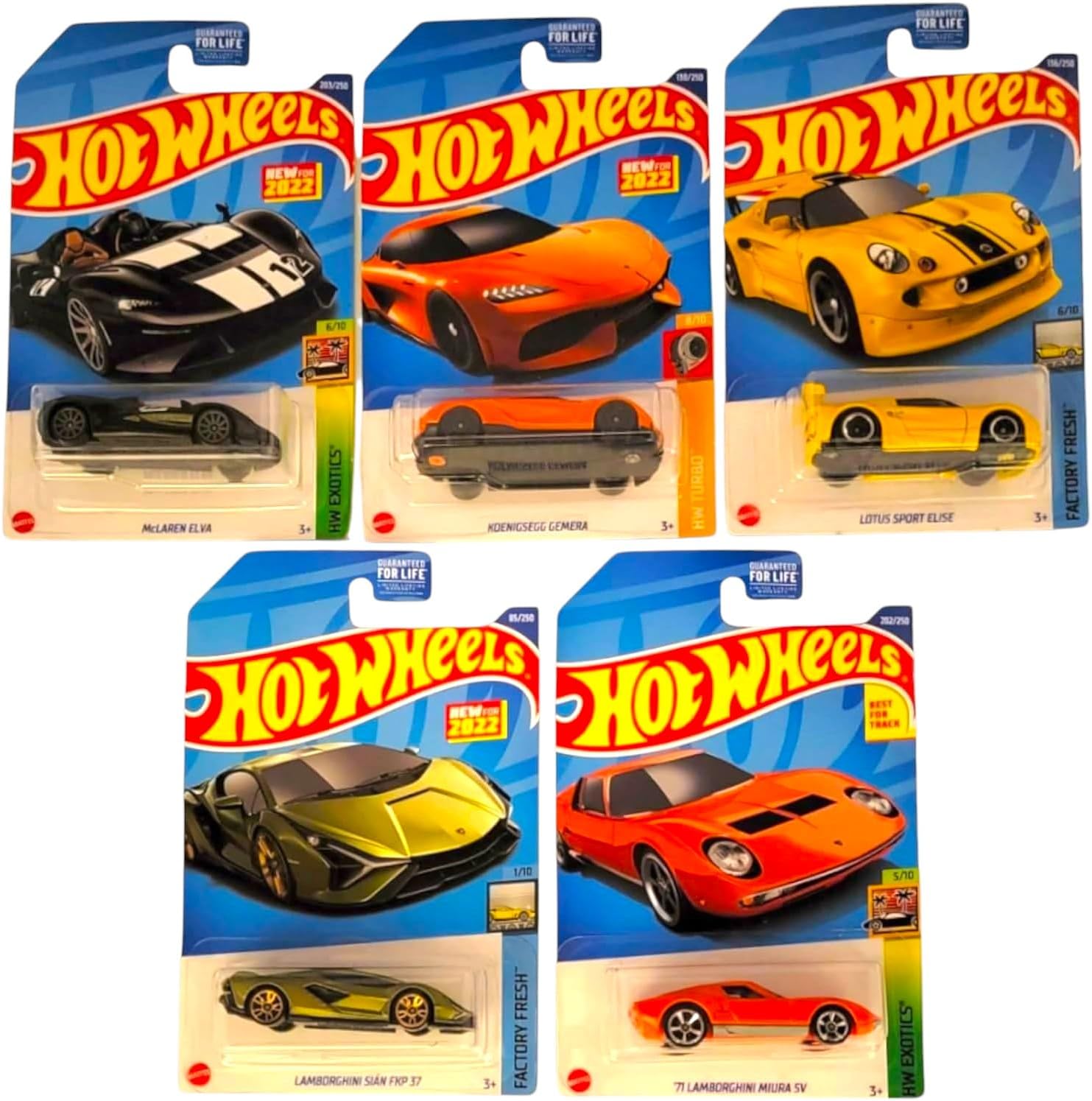 Hot Wheels 2022 Exotics Super Car 5‑Pack – McLaren Elva, ‘71 Lamborghini Miura SV, Sian FKP 37, Lotus Elise & Koenigsegg Gemera | Die-Cast Metal 1:64 Scale | L2593 Limited Edition