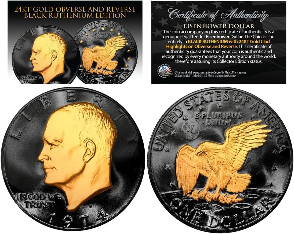 Merrick Mint Black Ruthenium 2-Sided Eisenhower IKE Dollar Coin with Gold Clad Highlights