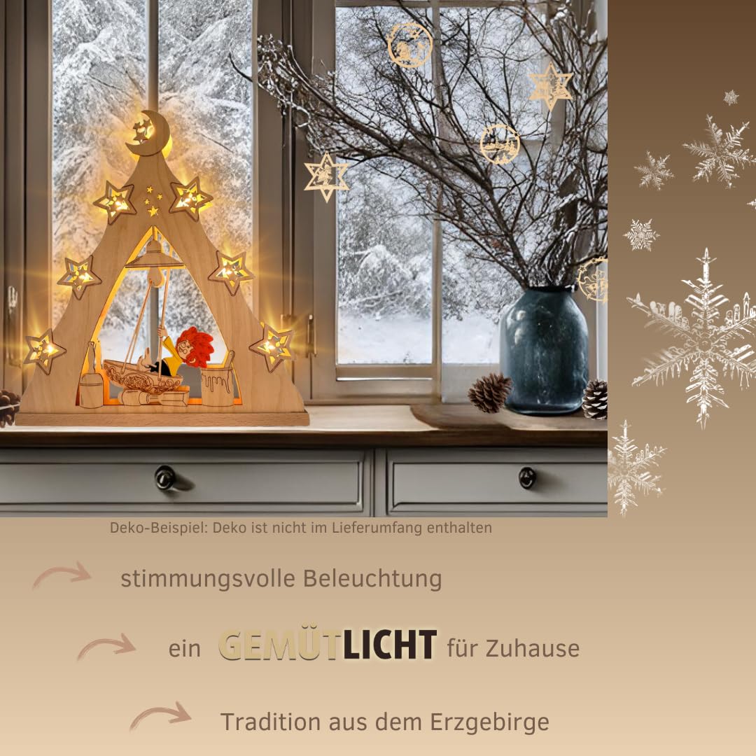 weigla - LED Lichterspitze original Erzgebirge I Motiv Pumuckl in Schiffschaukel I Lichterbogen Weihnachten I 7 Lampenkerzen + 1 Ersatzlampe I 7 x 34 V, 0,2 W, E10 I Weihnachtsdeko innen I aus Holz