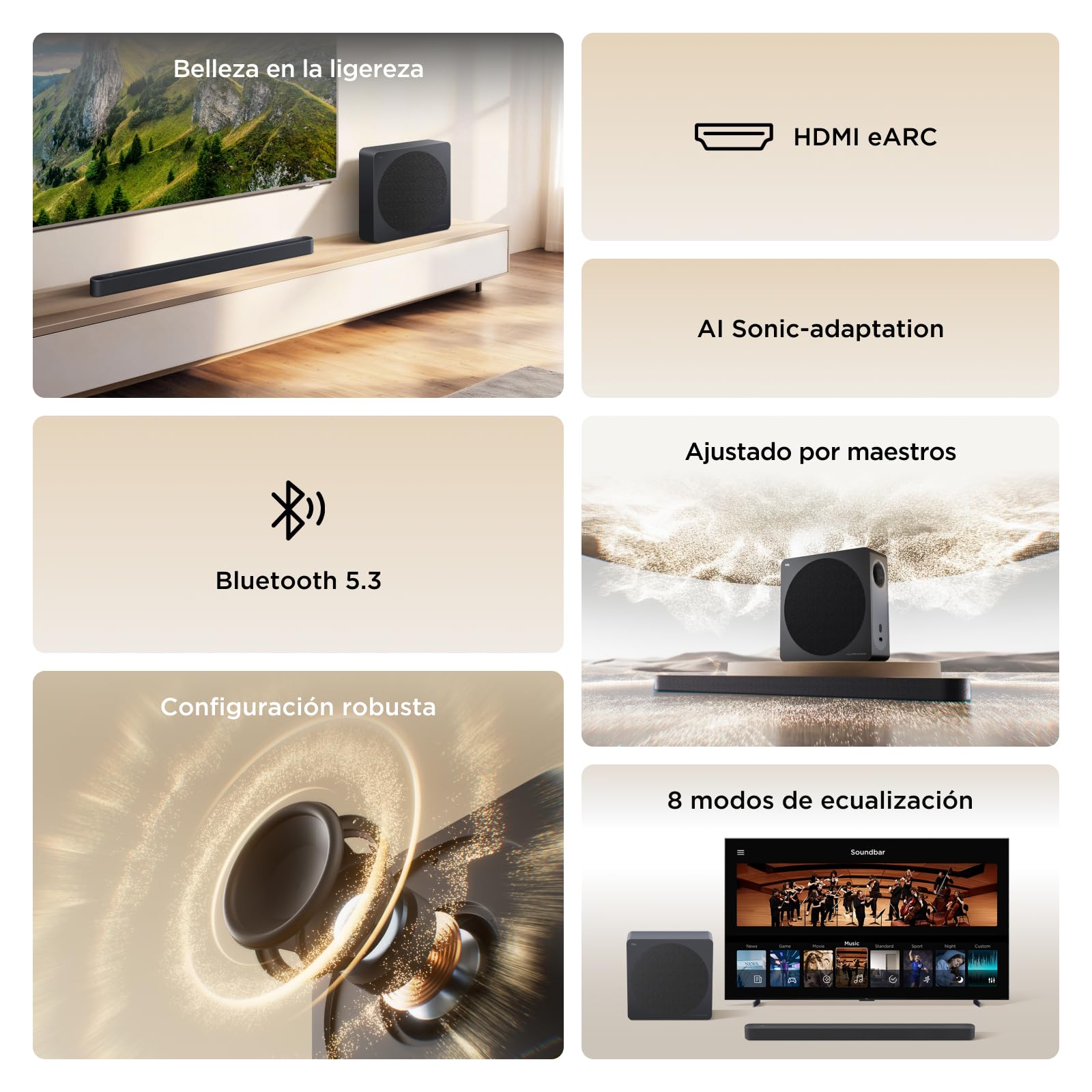 TCL A65K Barra de Sonido 3.1.2ch, Audio by Bang & Olufsen, Subwoofer Inalámbrico, 460W, Dolby Atmos & DTS:X, HDMI eARC, Bluetooth 5.3, Montaje en Pared, Control por App