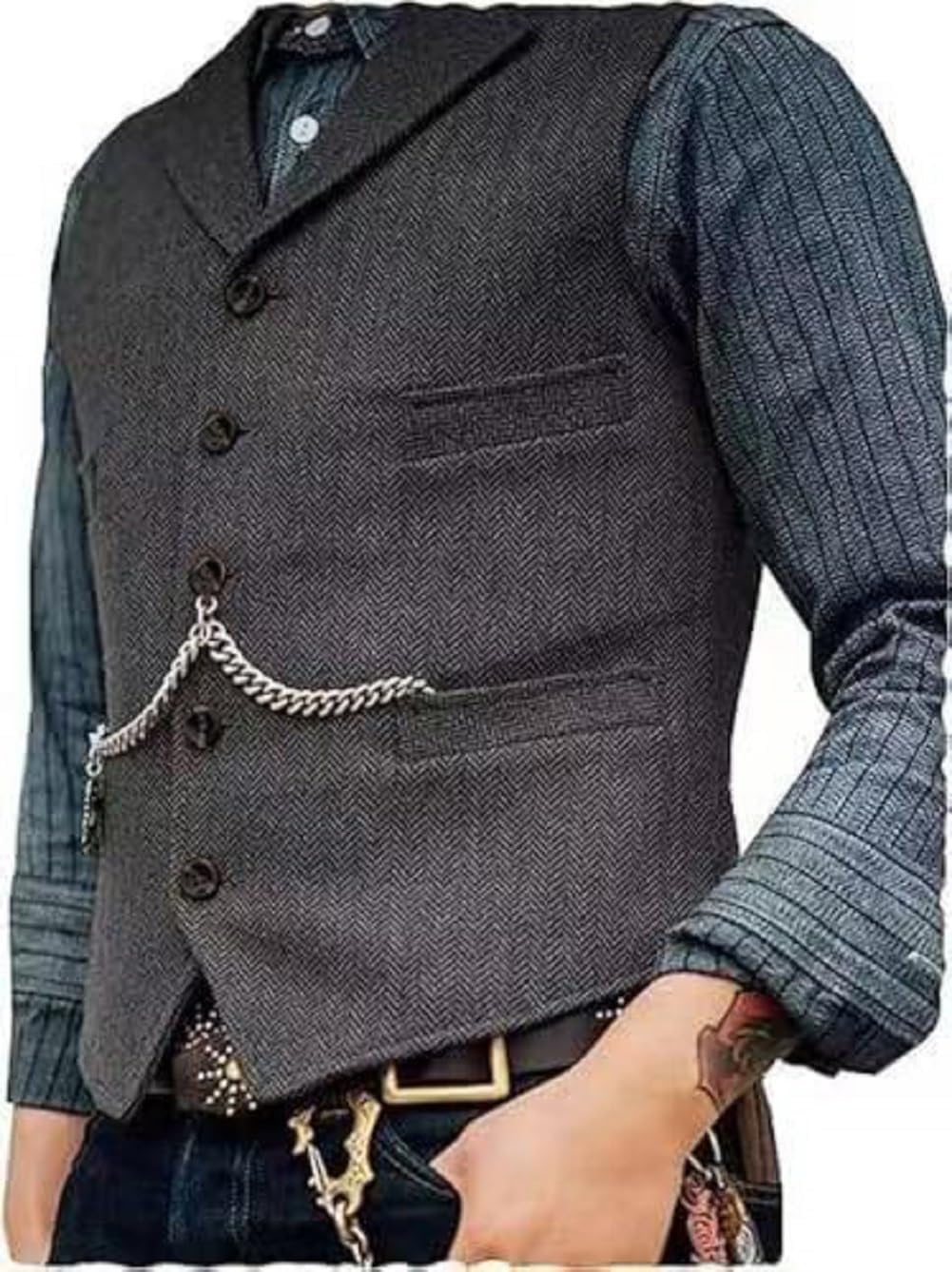 DREFEEL Mens Classic Wool Tweed Suit Vest Casual Sleeveless Jacket Herringbone Waistcoat for Tuxedos for Tuxedos