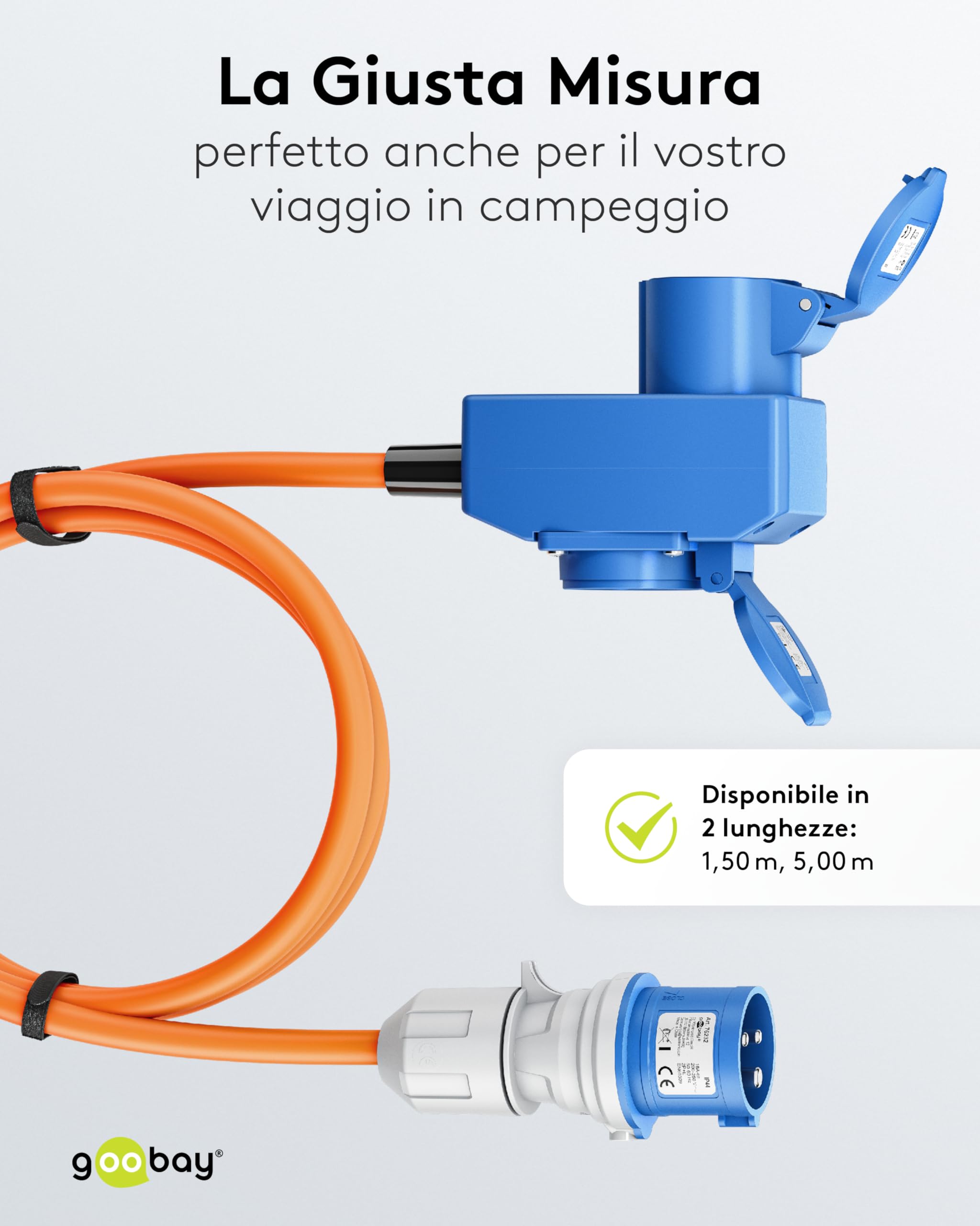 goobay Cavo adattatore CEE per caravan, 1,5 m, spina CEE a 90° presa CEE e presa di contatto di protezione con tappi di chiusura, cavo da campeggio, camper e caravan, 76232