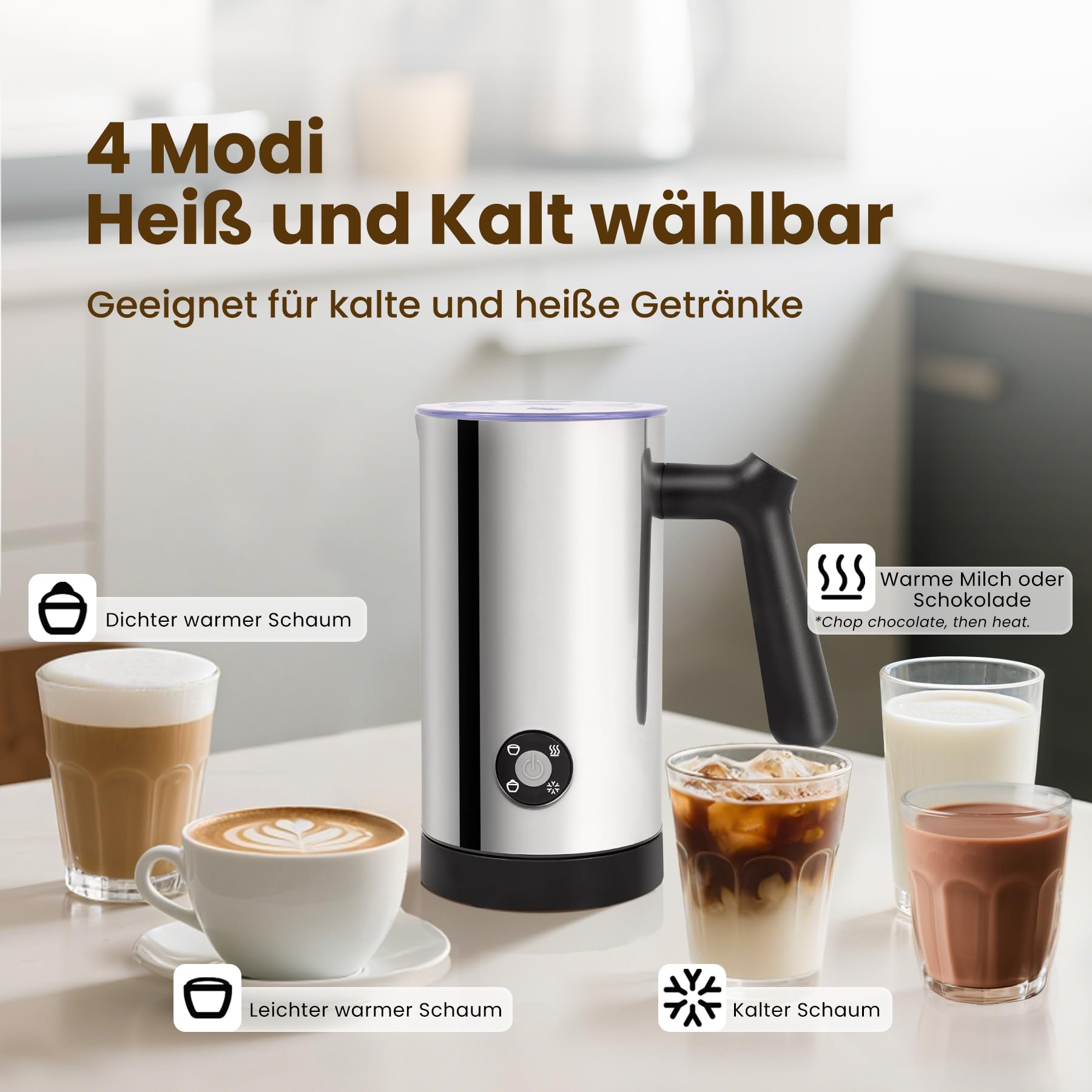 4 in 1 Milchaufschäumer Elektrisch, Automatische Heiß und Kaltaufschäumer mit Tastensteuerung, Milchwärmer aus Edelstahl, Elektrischer Milchaufschäumer für Kaffee Latte, Cappuccino
