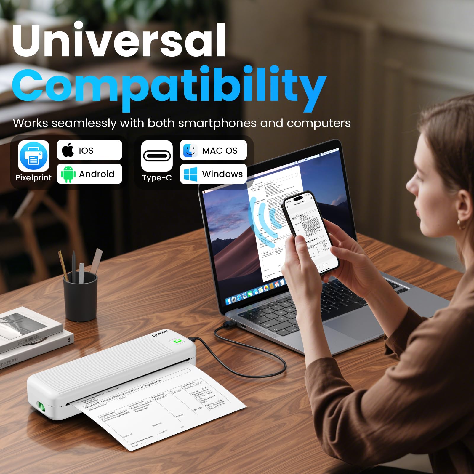 Impresora Termica Portatil A4, Impresora Portátil Inalámbrica Compatible con IOS/Android y Mac/Windows,Impresora Bluetooth & impresora Móvil Sin Tinta para Uso en Oficina,Hogar y Movimiento