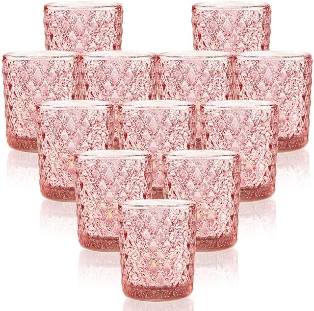 Qucover Candle Holders Glass Tealight Holders Set of 12 Speckled Tea Light Holder Pink 2.5'' H for Home Decor House Warming Gifts for Friends