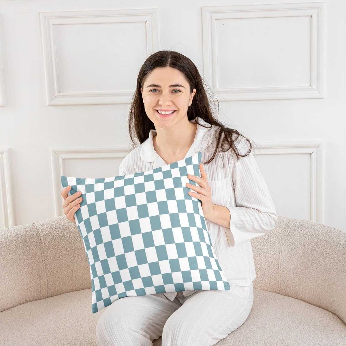 Erosebridal Geometric Grids Throw Pillow Covers 24x24 Set of 2 White Sky Blue Cushion Cover Aesthetic Checkerboard Throw Pillow Case for Bed Couch Sofa Modern Fashion Home Decor