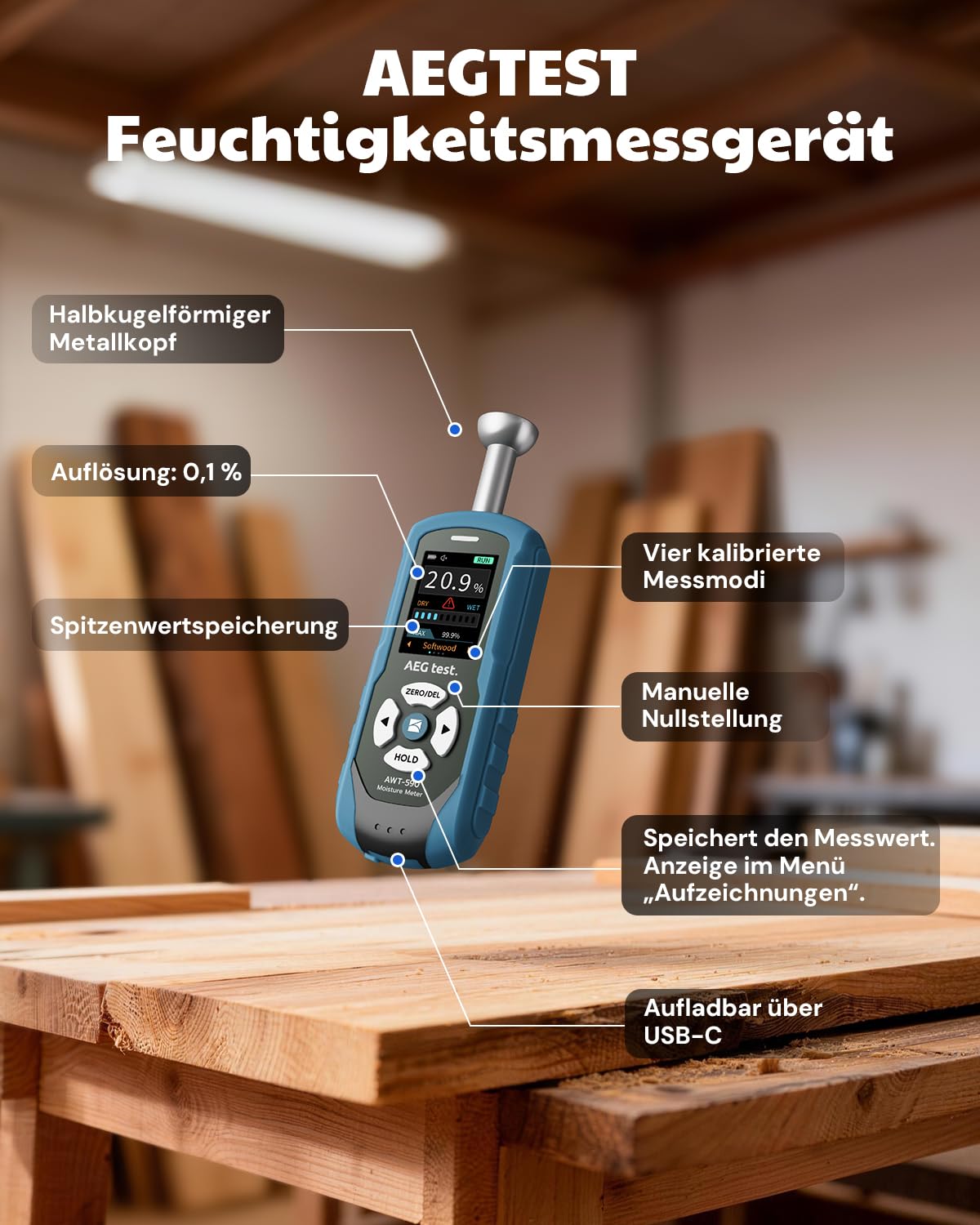 AWT-590 wiederaufladbares Feuchtemessgerät Mauerwerk, Feuchtigkeitsmessgerät Wand, Halbkugel Feuchtigkeitsmesser für Holz, Gipskarton und Ziegel, mit einstellbarem Alarm und Datenaufzeichnung