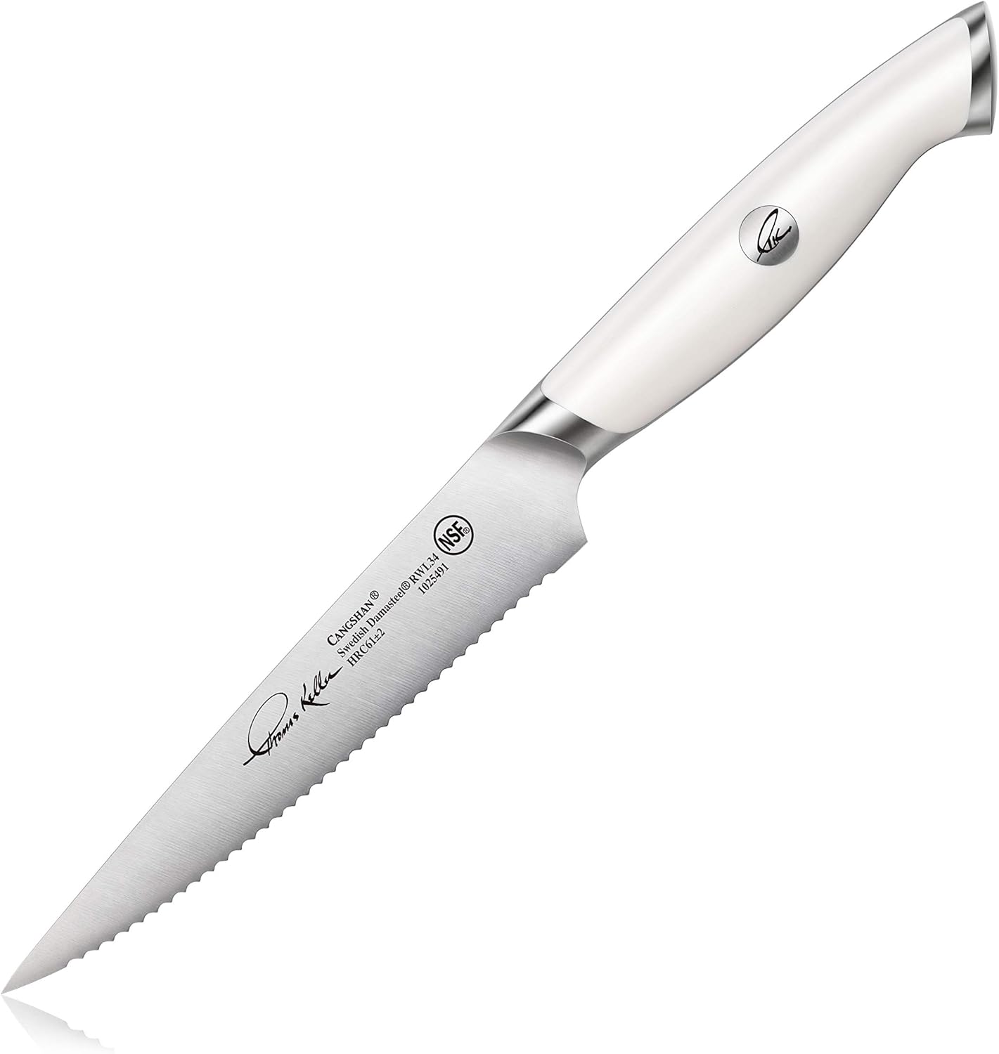 Cangshan Thomas Keller Signature Collection Swedish Powder Steel Forged, 5-Inch Serrated Utility Knife, White