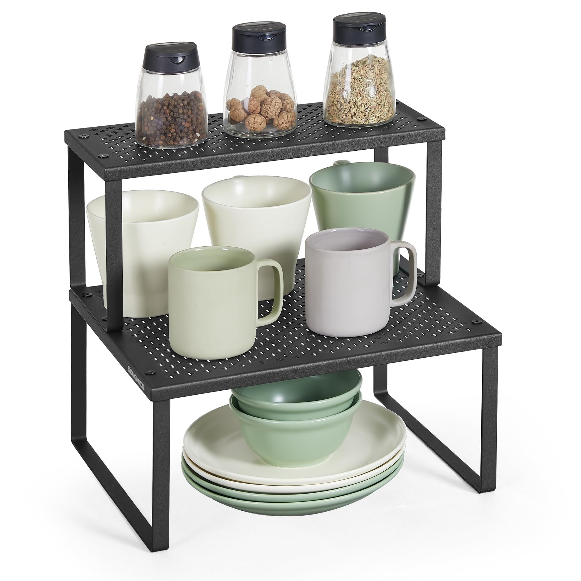 SONGMICS Spice Racks, Set of 2 Cupboard Organisers, Kitchen Storage, Stackable, Expandable, Metal Counter Shelves, Ink Black KCS005B01