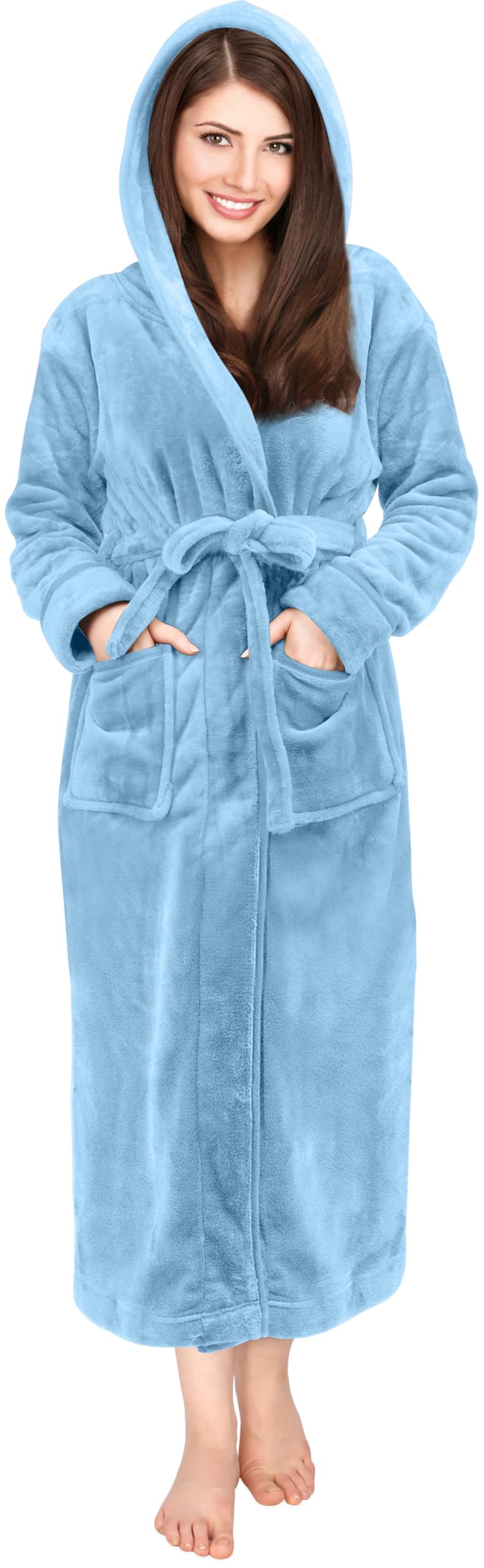 ny threads women's fleece hooded bathrobe plush long spa robe, large, light blue