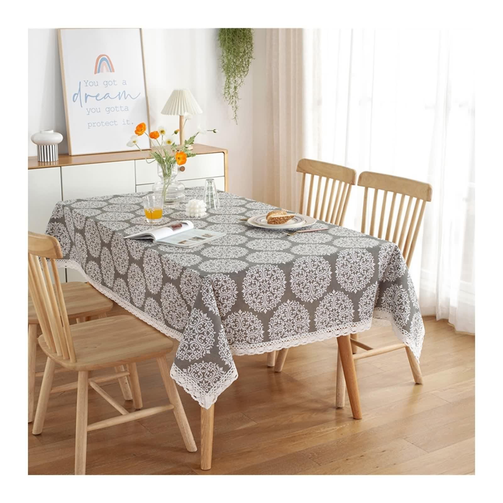 Copritavolo Soggiorno Moderno Grigio, Tovaglia Compleanno Elegante Cotone Poliestere Fiore Stampato Decorativa 140X260CM per Cucina