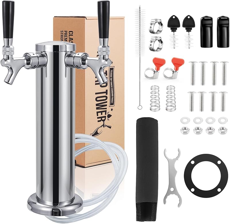 Kegerator Tower Dual Tap Beer Tower, Draft Beer Tap Tower | Upgraded 3" Flange Keg Tower, with Pre-Assembled Tubing & Self-Closing Brass Beer Faucet, Stainless Core