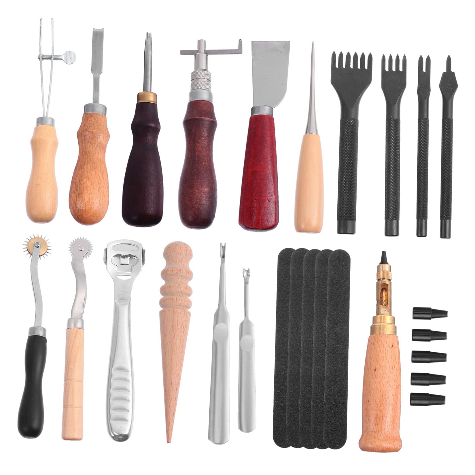 SEWOART Ensemble D'outils Travail du Cuir 18pcs Poinçon et Outils de Gravure en Métal et Bois pour Couture et Artisanat Cuir DIY