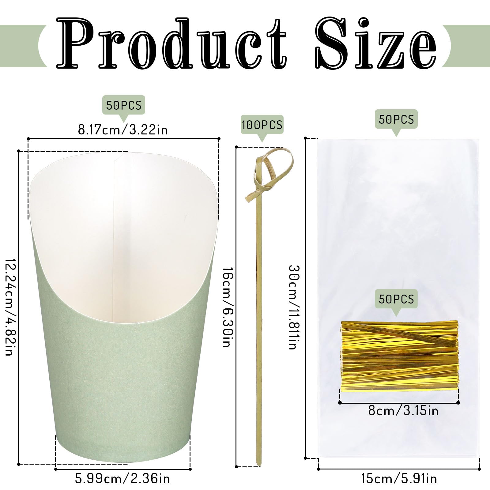 Whaline 50Pcs Sage Green Charcuterie Cups with Bamboo Sticks Plastic Treat Goodie Bags Gold Twist Ties 14oz Disposable Paper French Fries Cup Holder for Home Kitchen Baby Shower Birthday Party Supply