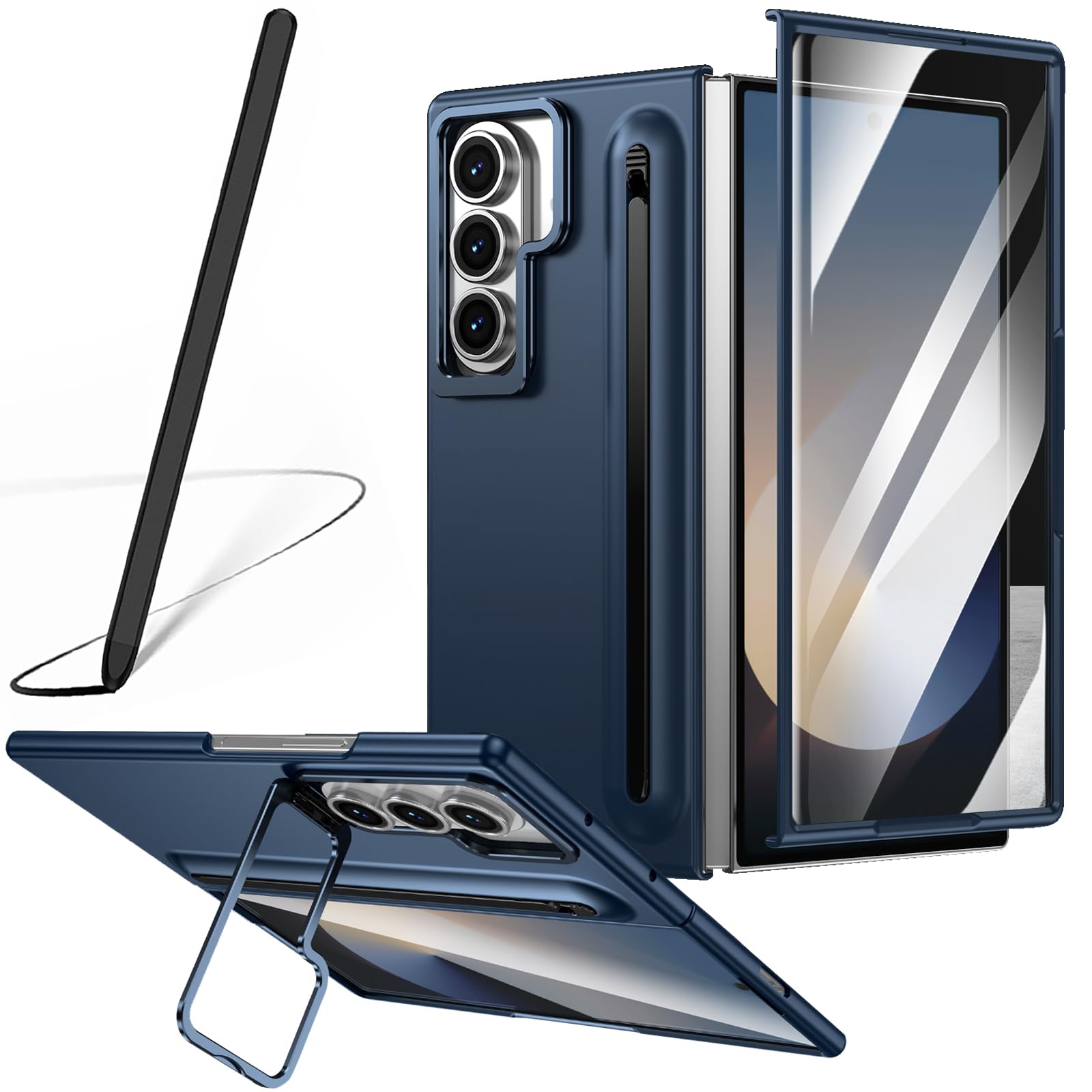 Custodia per Galaxy Z Fold 7 con penna, portapenne integrato, cover per Samsung Galaxy Z Fold7 con pellicola protettiva + Pen + supporto regolabile nascosto-Blu