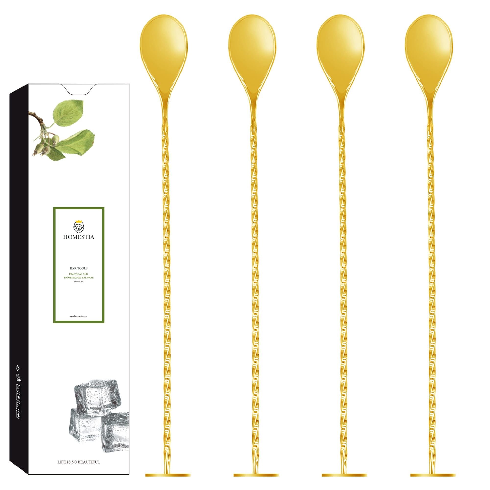 Homestia 4 Pcs Bar Spoon Cocktail Mixing Spoon - 8.5'' Long Stainless Steel Cocktail Stirrers with Polished Surface, Great for Professional and Home Use, Practical Gift for Drink Mixing Lovers (Gold)