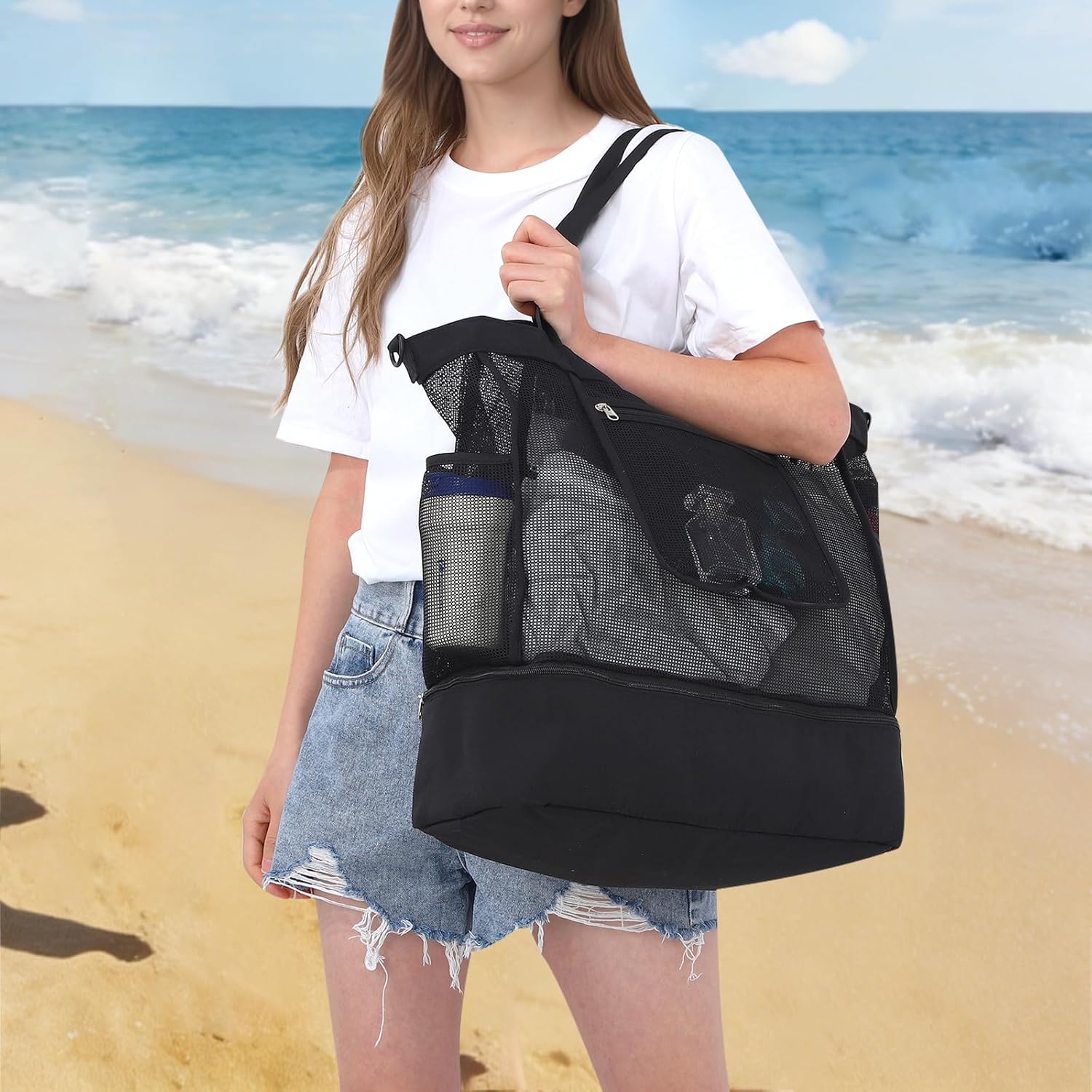 Oweisong Summer Beach Bag for Women Large Mesh Tote Handbag Vacation Essentials Hobo Sandproof Shoulder Bag for Swim Travel