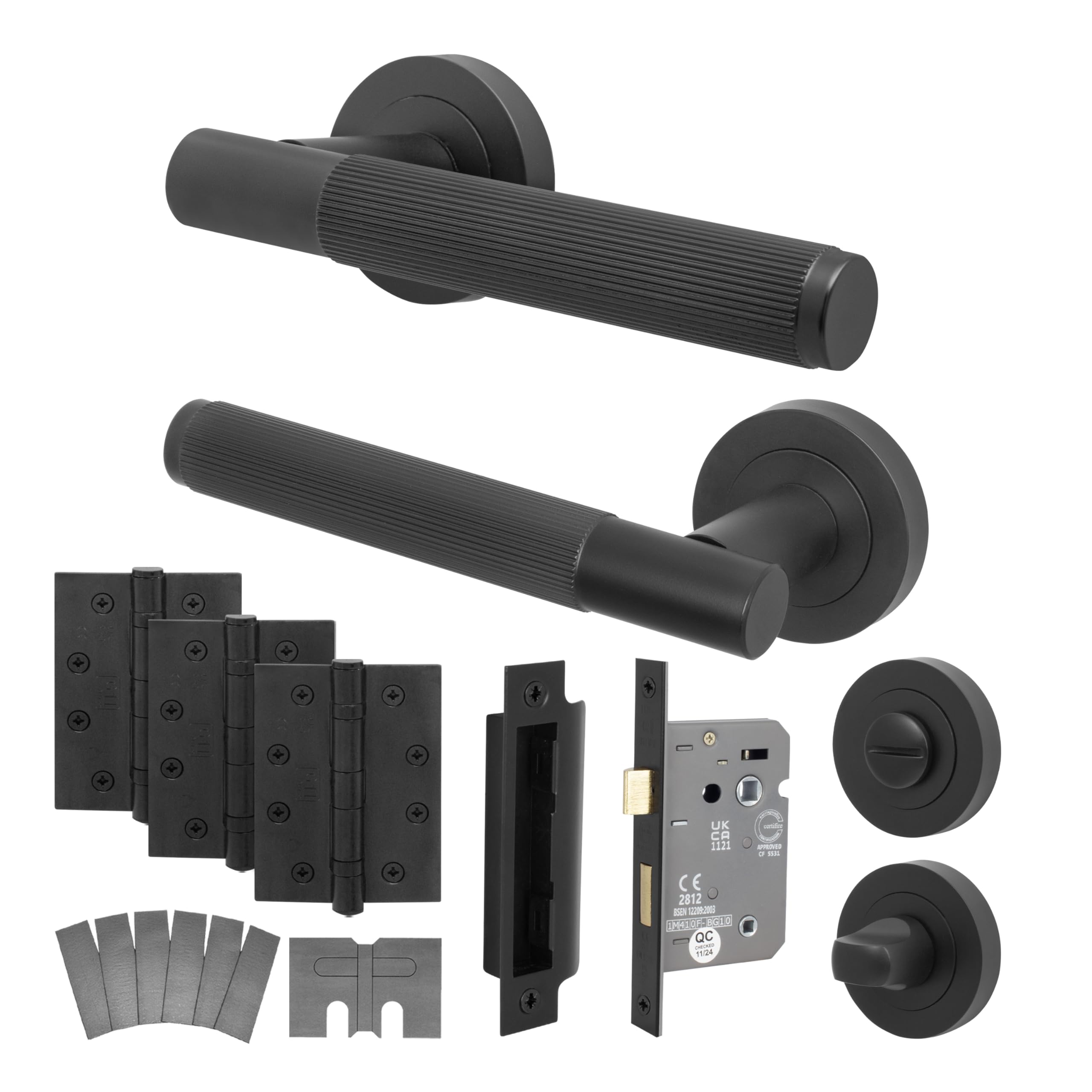 Eai Black Fire Door Handle Bathroom Set, Matt Internal Fire Rated Door Handle With 80Mm Bathroom Lock And 102Mm Hinges, Oruro Range 1 Pack