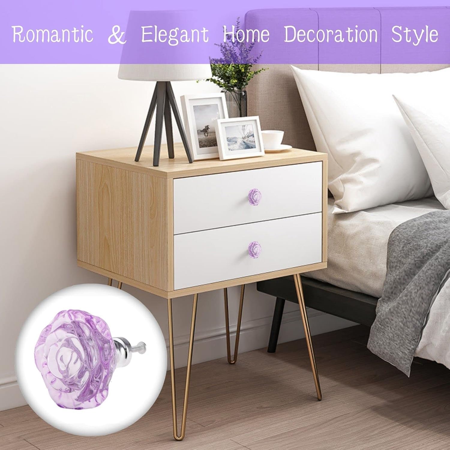 Yetaha Glass Cabinet Knobs, 5PCS Purple Crystal Clear Pulls Rose Shape Dresser Handles for Drawer Cupboard Bathroom Kitchen Furniture Hardware Decoration, with Screws