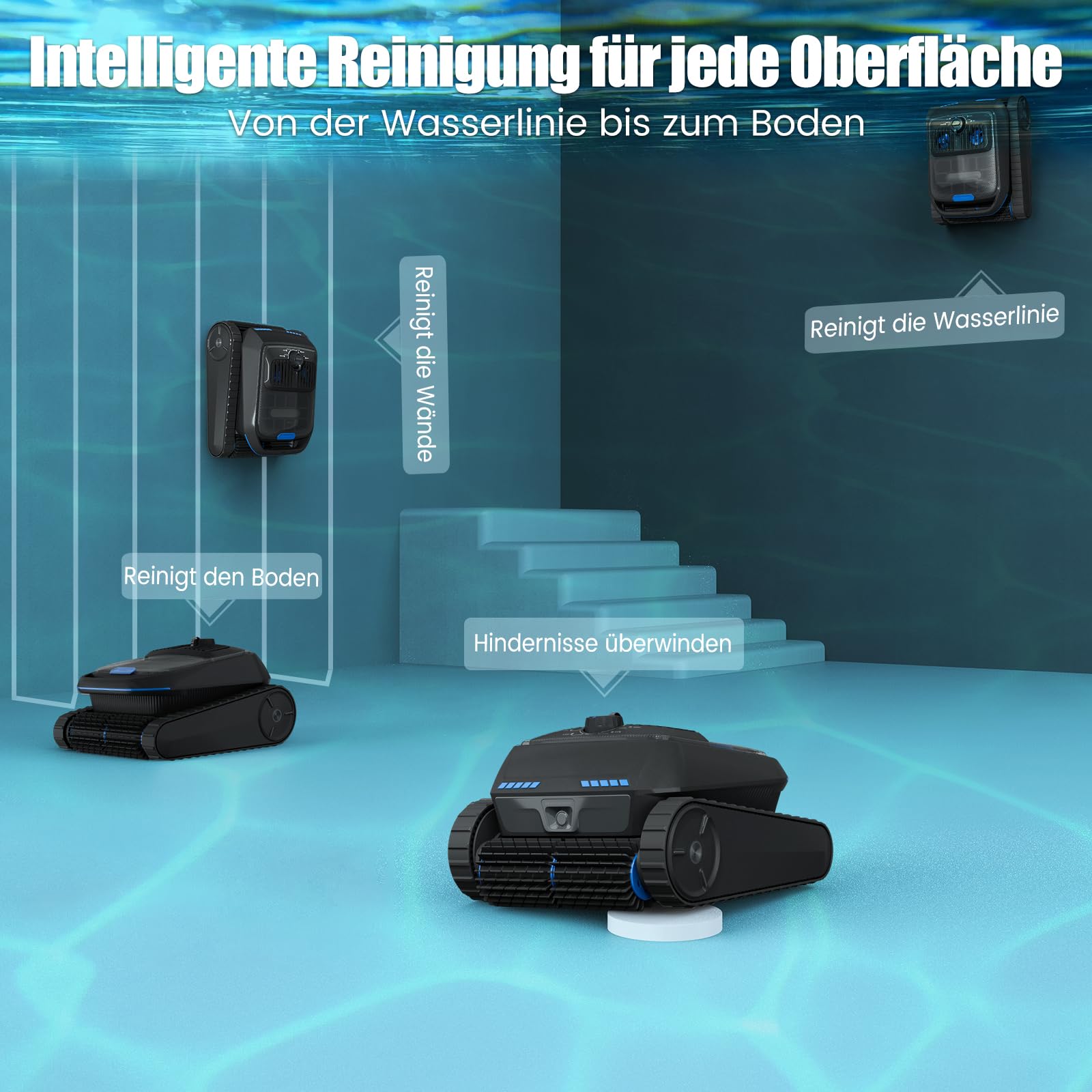PC200 Lite Robot Piscine sans Fil Sol et Parois, Ligne d'eau | Aspirateur Piscine sans Fil, Ultrasons & Navigation Intelligente, Autonomie 150 Min, Nettoyeur de Piscine jusqu'à 300 m²