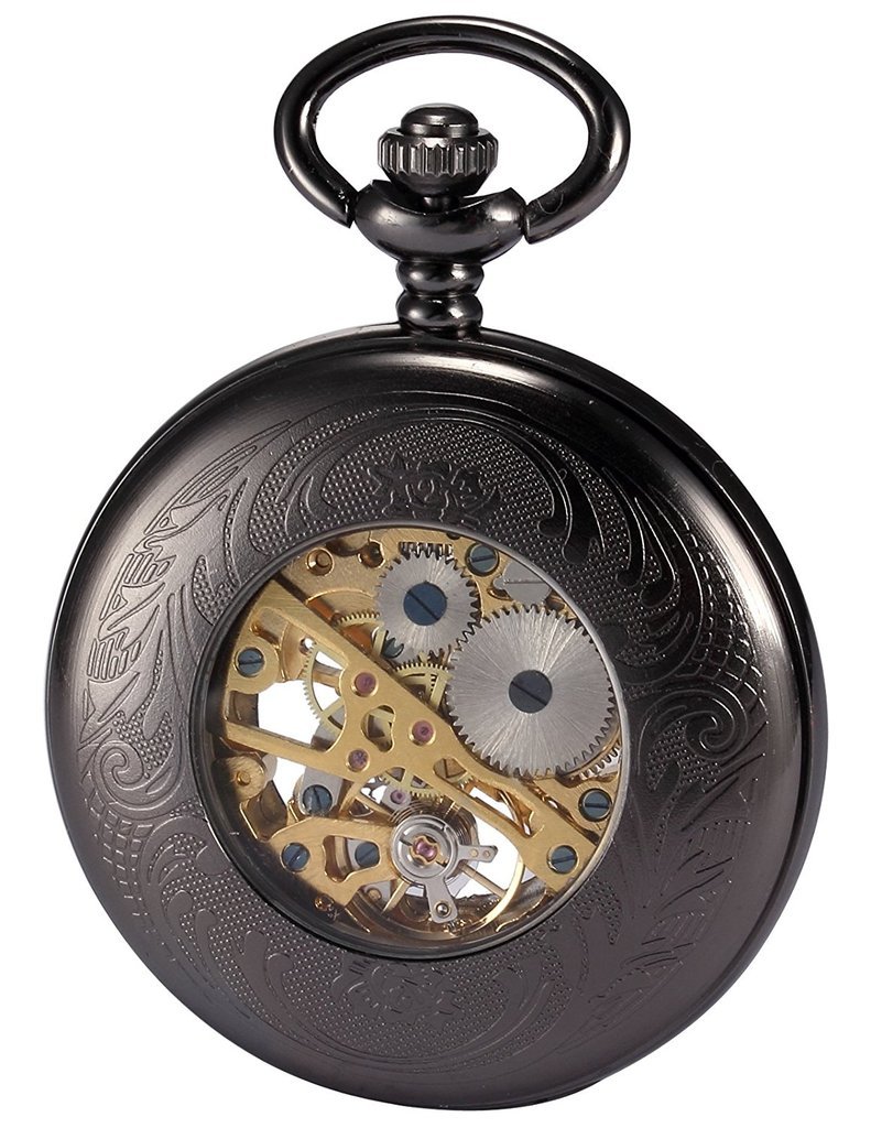 TREEWETO Steampunk szkielet mechaniczny miedziany zegarek kieszonkowy retro, Czarny, Retro
