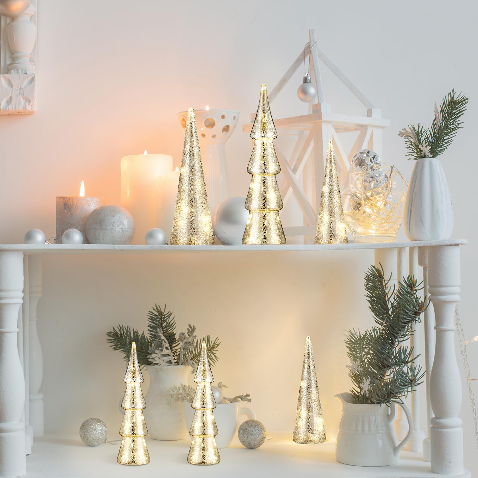 Loyim 6 Pcs Mercury Glass Christmas Tree Silver Plate Glass Tree Figurines with LED Fairy Lights 11 Inch Tall Silver Finish Light up Christmas Tree Ornaments Holiday Table Centerpiece Tabletop Decor