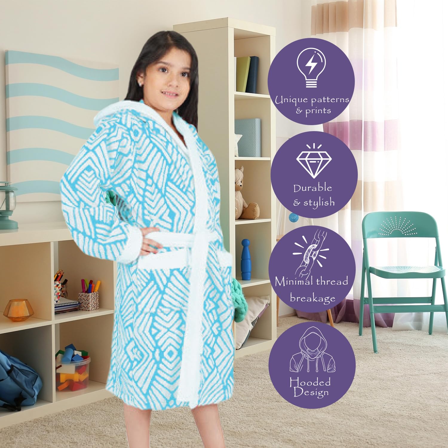 RANGOLI 100% Cotton Terry Hooded Knee Length Bathrobe for Kids, Unisex Bath Robe for Boys & Girls with 400 GSM Fabric and Stylish Printed Design (Blue - 13 to 14 Years) |Jacquard Collection 1