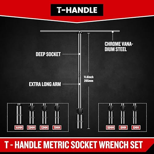 Miniatura 9 de Upenjok Juego de llaves con mango en T, juego de llaves en T de acero Cr-V de 6 puntos, tamaño métrico de 0.236 in a 0.748 in, enchufe de