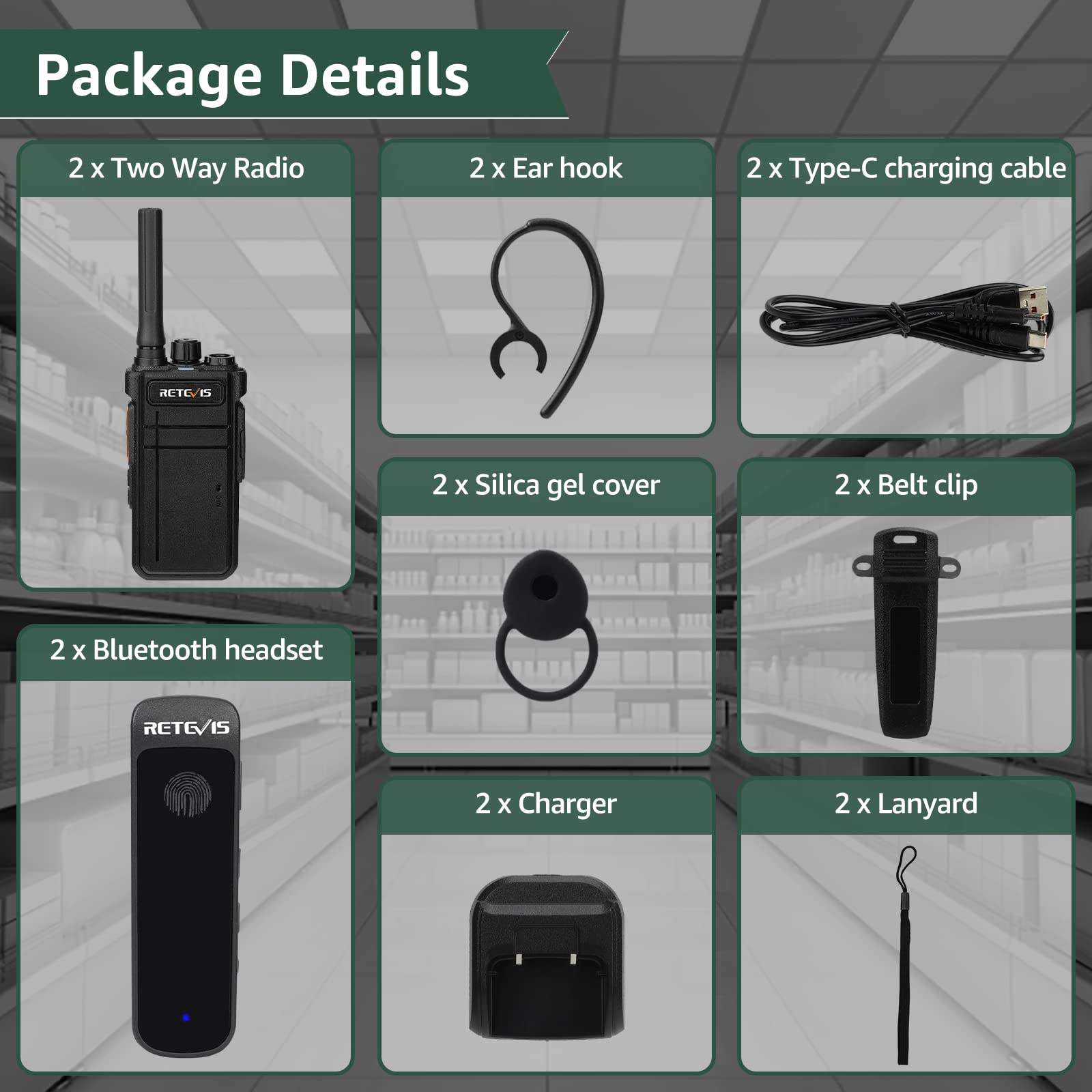 Retevis RB637 Walkie Talkie, Ricaricabile Ricetrasmittenti con Auricolare | VOX, Tipo-C, 2000mAh, 16 Canali, PMR446 Radio Bluetooth Portatile per Ristorante (Nero, 2 Pezzi)