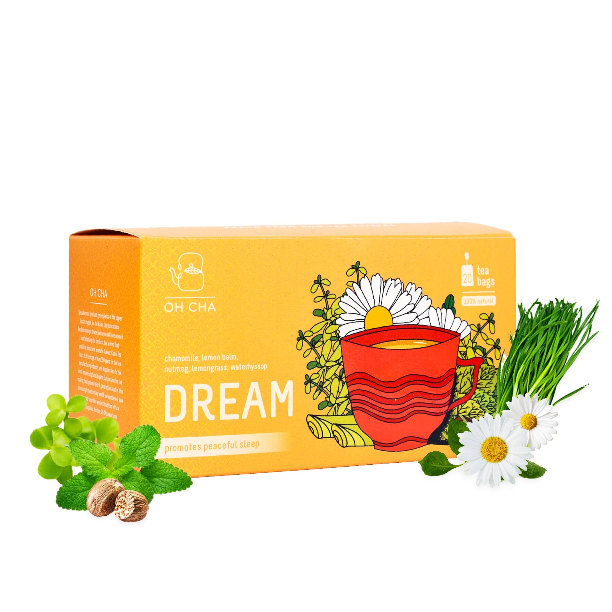 OH CHA - Chamomile Tea Bags, Dream | Natural Sleep Tea with Chamomile, Waterhyssop, Lemon balm, Lemongrass, Nutmeg | 100% Natural Green Tea bags | Relaxes the Mind | Chamomile Tea for Sleep | 20 Tea Bags (B08139K2PN) Amazon Price History, Amazon Price Tracker